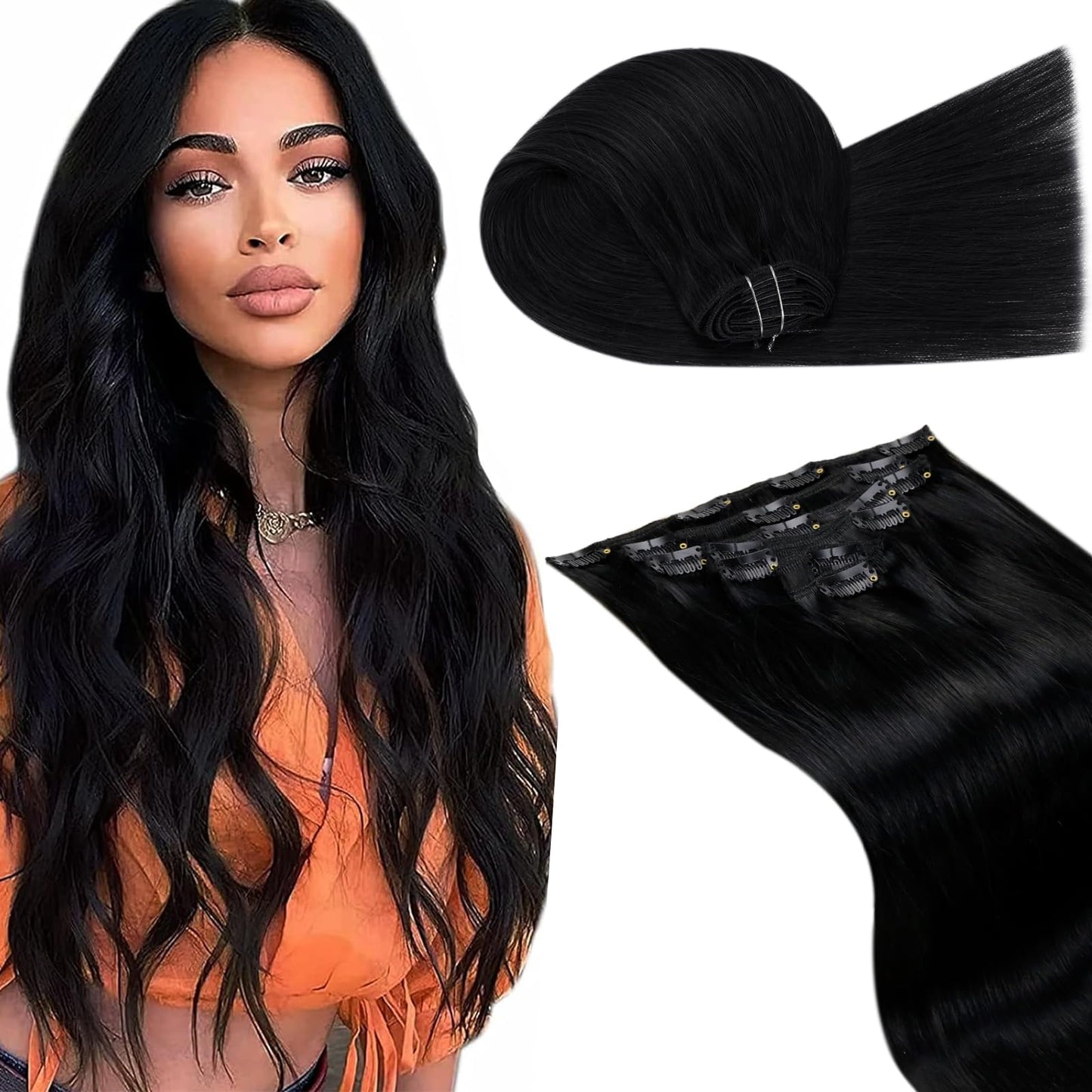 LaaVoo Black Hair Extensions Clip in Black Clip in Hair Extensions Black Women 18 Inch Human Hair Clip ins Jet Black Hair Extensions for Black Women Silky Straight Full Head 7pcs 105g