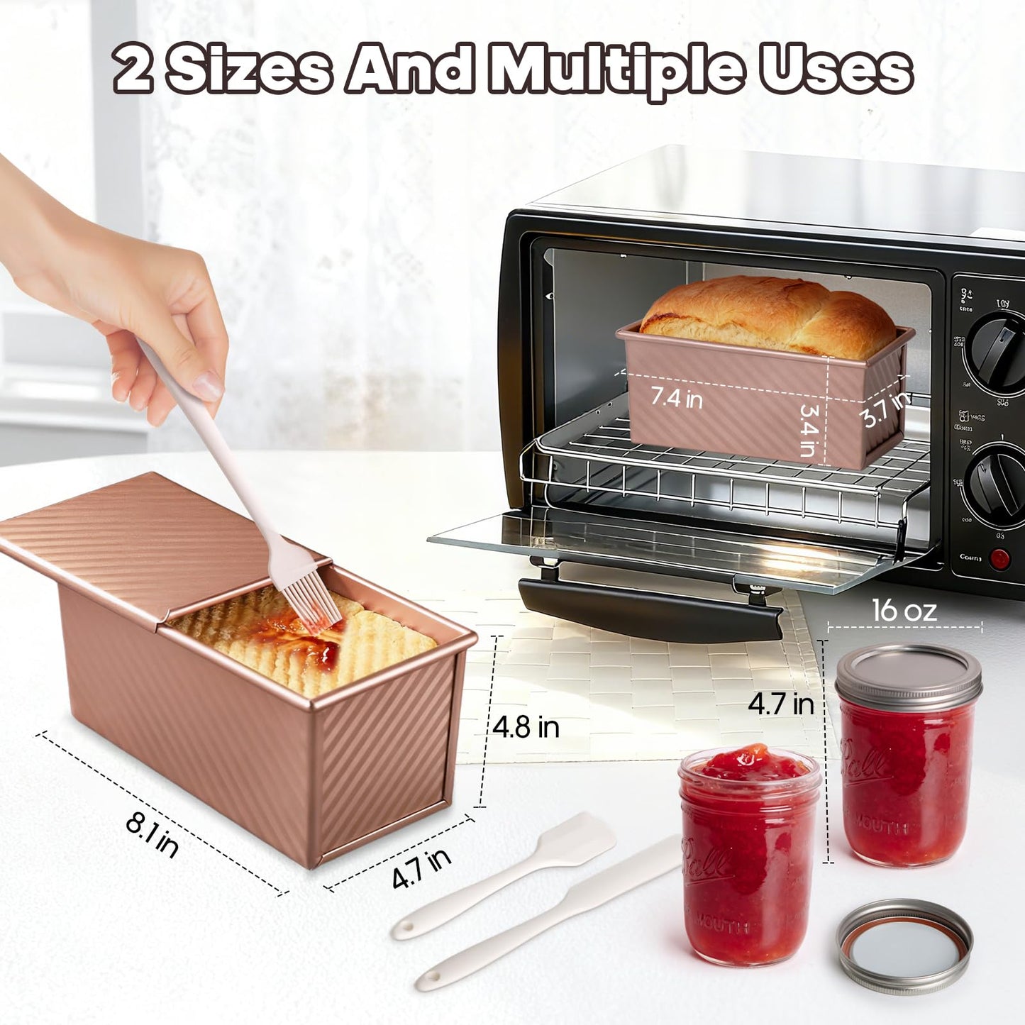6 In 1 Homemade Bread Slicer With Bread Box For Homemade Bread，Adjustable 304 Stainless Steel Guide With Crumb Tray 2 Loaf Pan With Lid Mason Jars Basting Pastry Brush And Scraper Bread Loaf Slicer