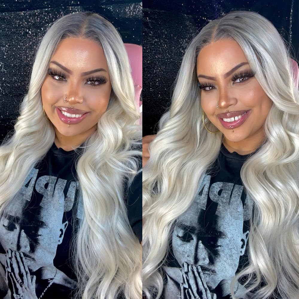 SISgrace Ombre White Grey Lace Front Wig Synthetic Body Wave Wig Wear and Go 13x4x1 T-part Lace 28 Inch Dark Roots to White Grey Color Pre-Plucked HD Glueless Lace Front Wig for Women