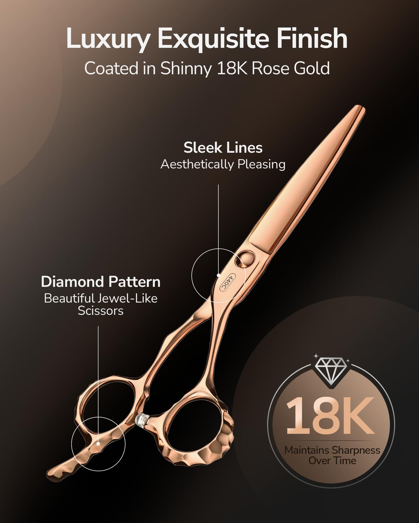 ULG Professional Hair Cutting Scissors with Luxury 18K Rose Gold Finish 6.5” Barber Scissors 440C Japanese Stainless Steel Hand-Honed Razor Sharp Blades Offset Handles Tension Adjustable, Right-Handed
