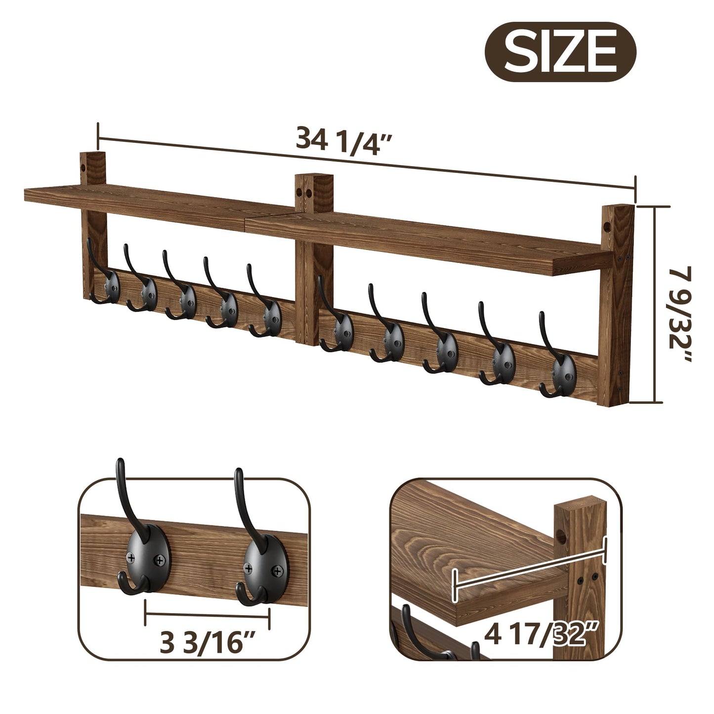 AMBIRD 34.2 inch Wooden Extra-Long Wall Hook Rack with Shelf - Versatile and Decorative Wall-Mounted Storage - 10 Hooks for Hanging Coats, Hats, Scarves - Ideal for Entryways, Bedrooms, Closets