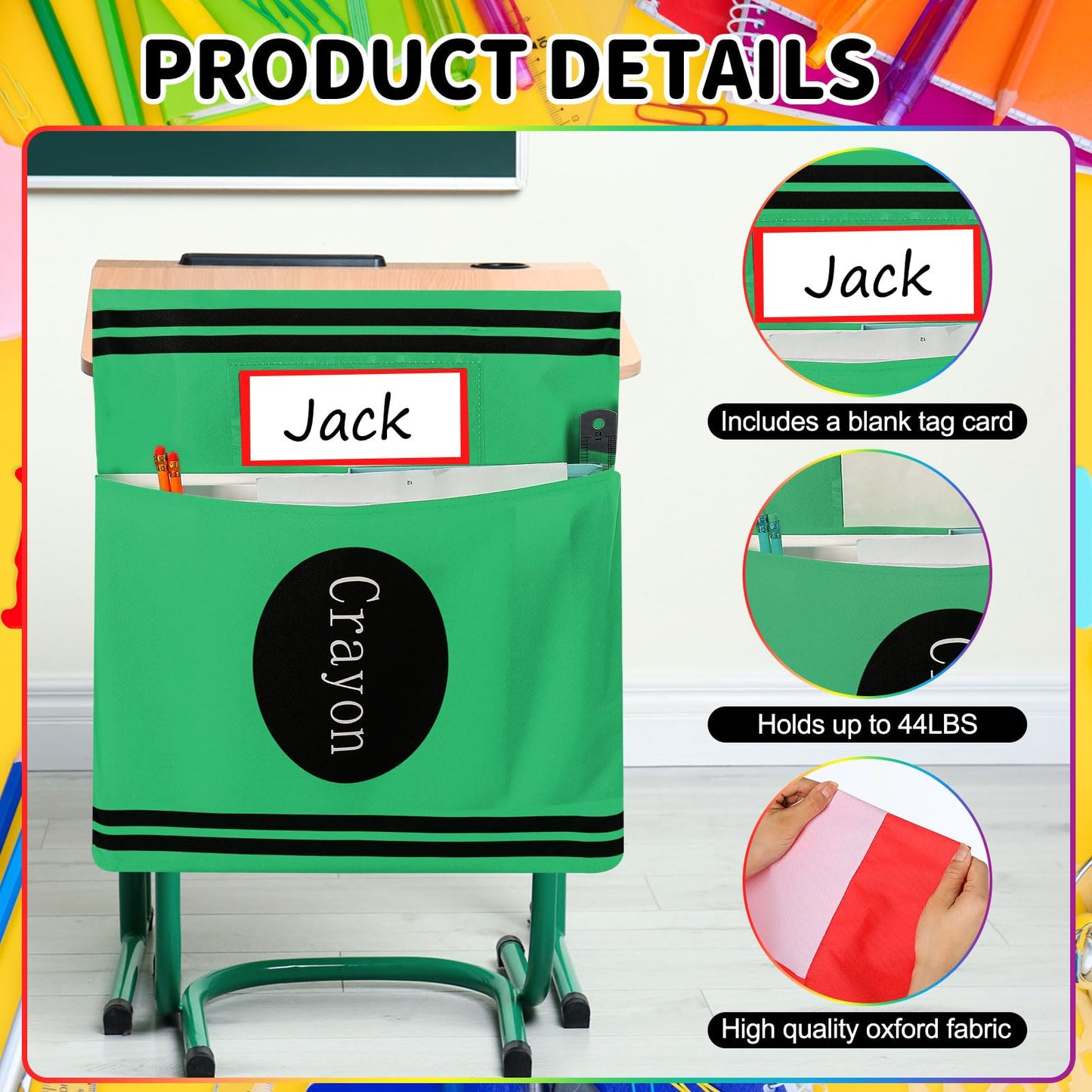 Sunnymove 12 Pack Back to School Chair Pockets Crayon Classroom Decor 18.5'' x 19'' Chair Pockets for Classroom Crayon Seat Pocket Preschool Storage Organizer with Name Slot for First Day of School