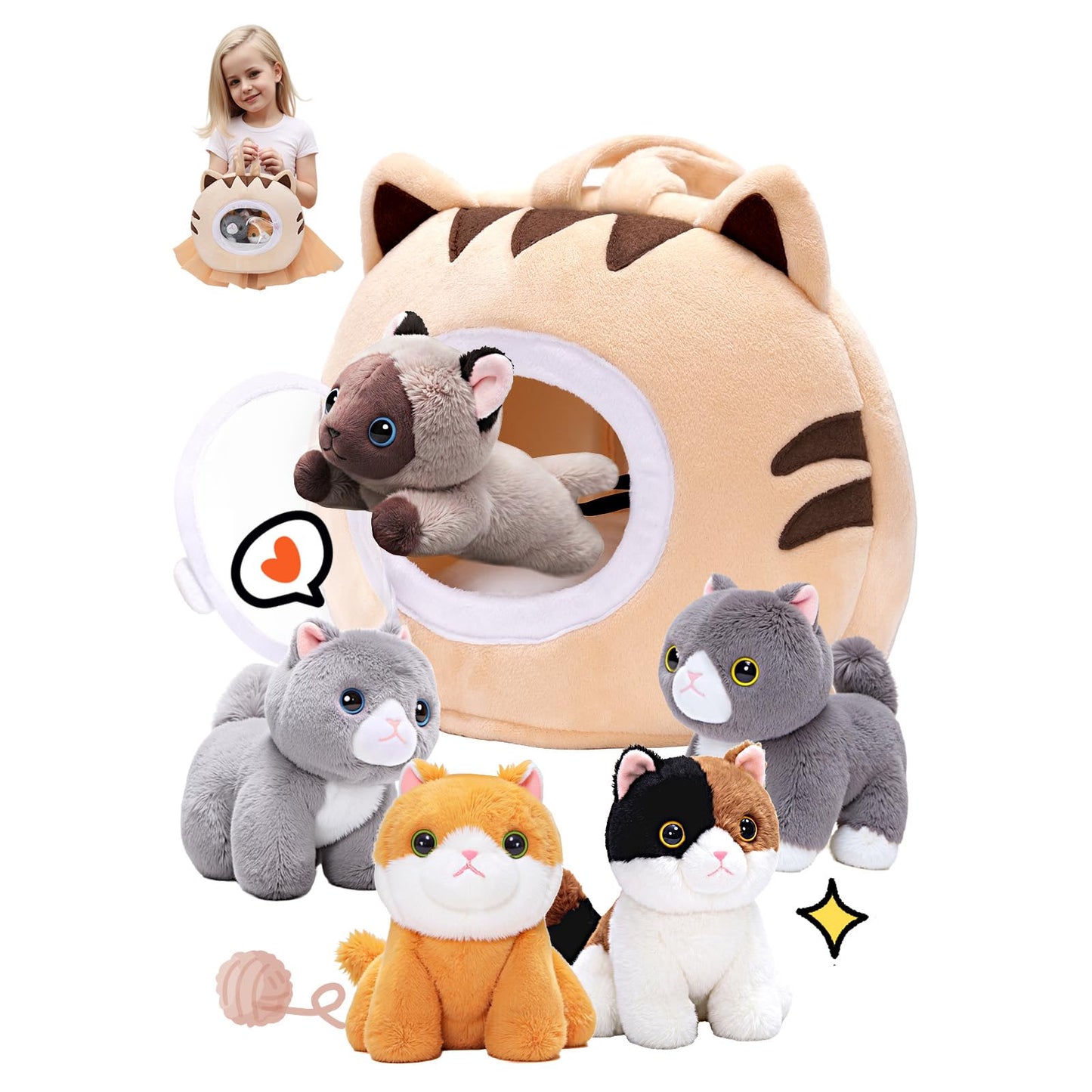 OUOZZZ Cat Stuffed Animal House with 5 Cute Kittens, 12.5“ x 7.9" x 11.8"