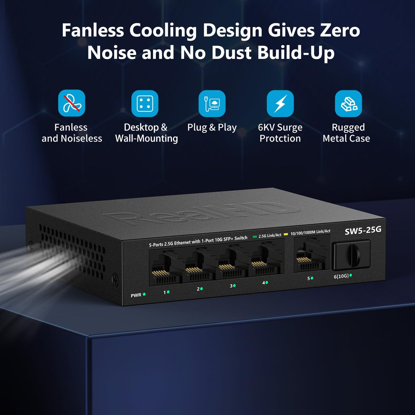 5 Port 2.5GB Ethernet Switch Unmanaged Network Switch | 5 x 2.5 Gigabit | 1 x 10G SFP+ | Multigig Switch 10-100-1000Mbps | 45G Bandwidth | Plug & Play | Fanless Metal Internet Switch | NOT Support VPN