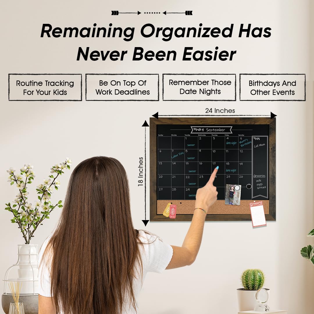 Loddie Doddie Framed Chalkboard Calendar & Bulletin Board - 18 x 24 in, Rustic - Easy-Clean Calendar Chalkboard - Menu Board for Kitchen - Magnet Display