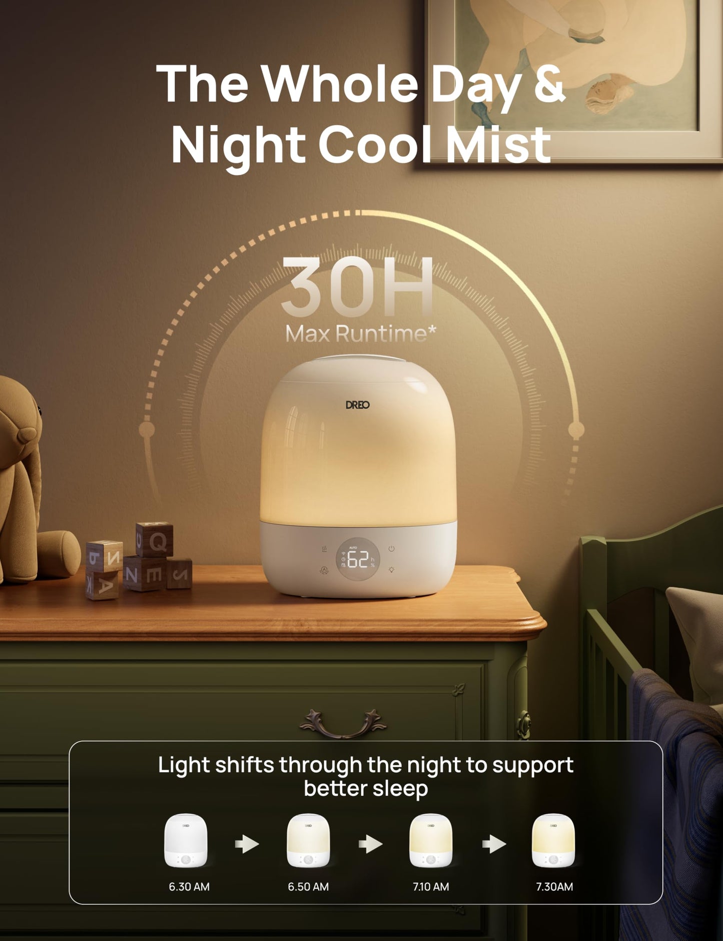DREO Humidifiers for Bedroom - 30H Max Runtime & RGB Night Light & Sleep Trainer, Ultra Quiet 28dB Cool Mist Humidifier, Top Fill Smart Air Humidifier for Plants, Perfect for Baby & Nursery, HM409S