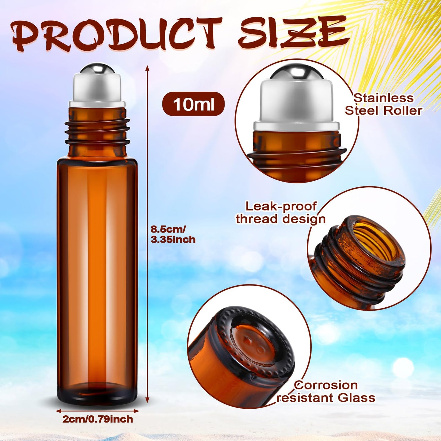 Tanlade 100 Pcs Essential Oil Roller Bottles 10 ml Amber Roll on Glass Roller Bottles Refillable Leakproof Empty Rollerball Bottles with Funnels and Stainless Steel Roller Balls for Travel Lip Gloss