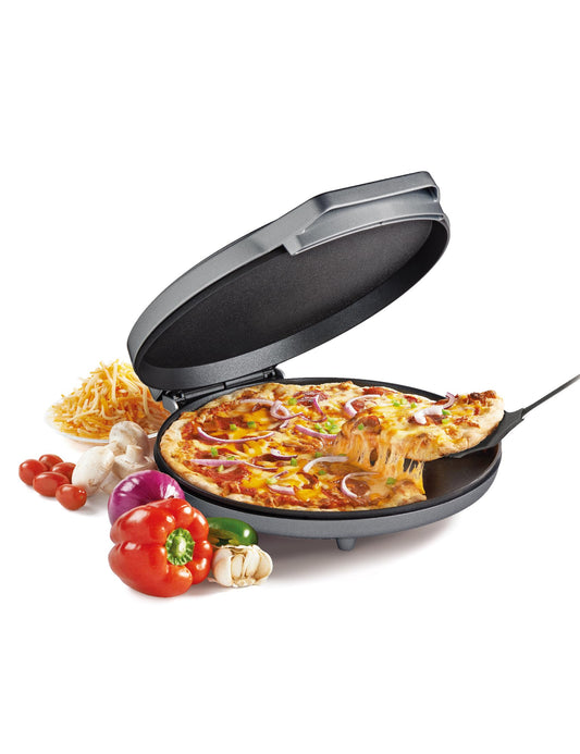 Betty Crocker Pizza Maker Plus, 12" Indoor Electric Grill, Nonstick Griddle Pan for Pizzas, Quesadillas, Tortillas, Nachos and more, 12" Electric Griddle for Delicious Meals and Snacks, Silver
