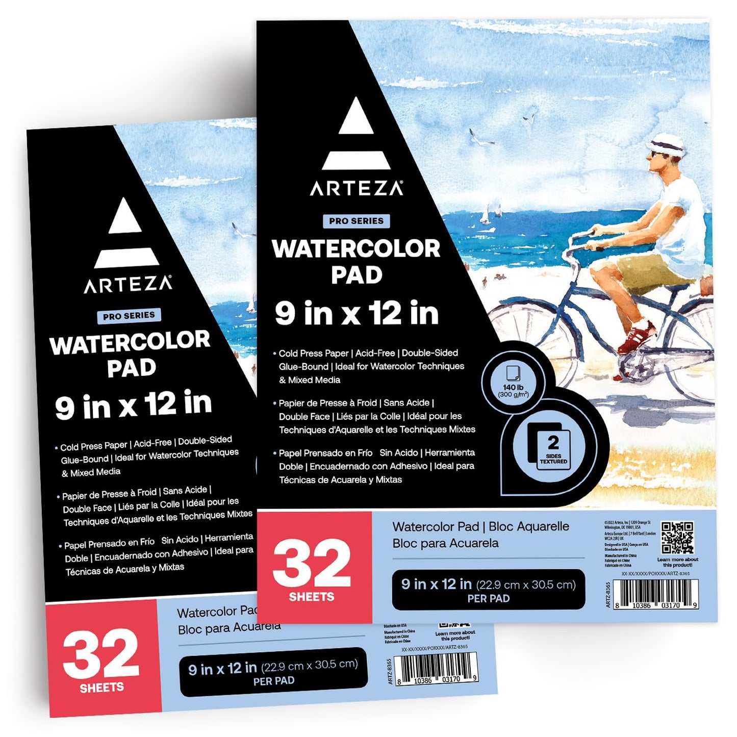 ARTEZA Watercolor Paper, Pack of 2, 32 Sheets Each, 9x12 Inches Watercolor Sketchbook, 140lb/300gsm, Cold Press, Acid Free Art Paper