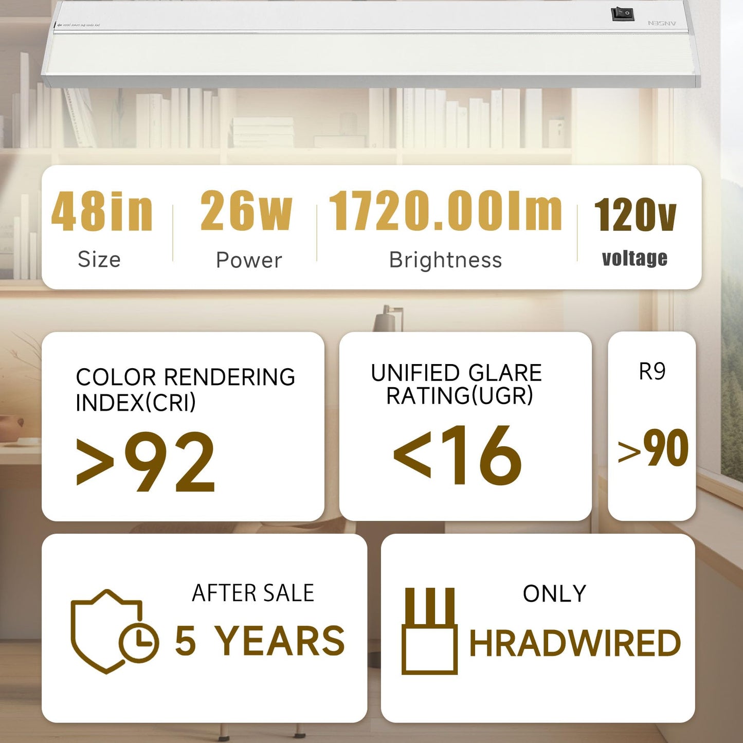 Ansen Hardwired Under Cabinet Lighting, 48in 26W LED Light for Kitchen/Closet, 1720lm, CRI>92, R9>90, Dimmable, 3 Color Temperature, 3000K/4000K/5000K(Warm White, Cool White, Daylight)