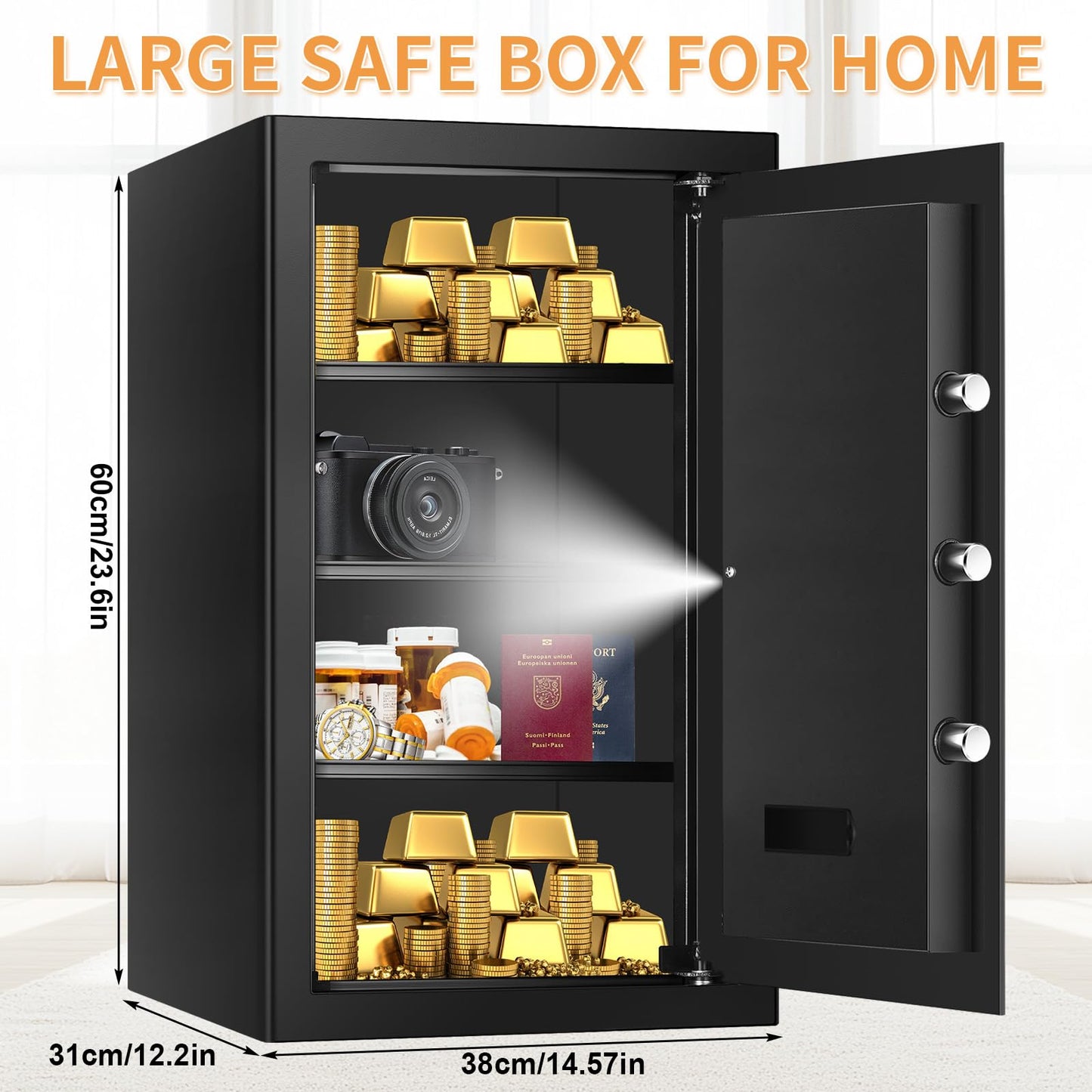 3.3 Cubic Feet Large Safes for Home Use Fire and Water Proof, Anti-Theft Digital Security Safe Box With Programmable Keypad & Spare Keys, Home Safes Water and Fireproof for Documents Money Valuables