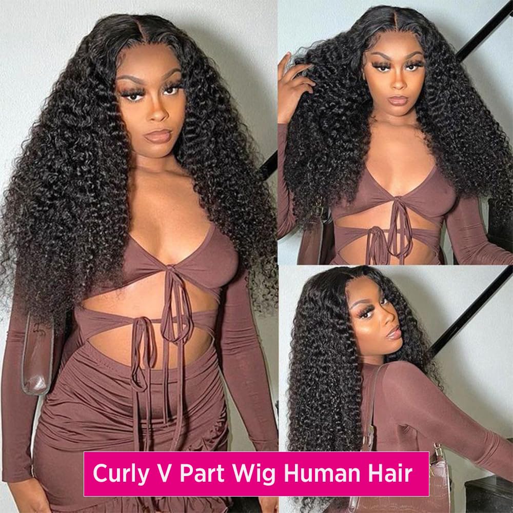 UNILO V Part Wig Human Hair No Leave Out Upgrade Curly V Part Wig Human Hair Wig for Women 150% Density V Part Wig No Glue No Sew Clip In Half Wig Natural Color 20 Inch