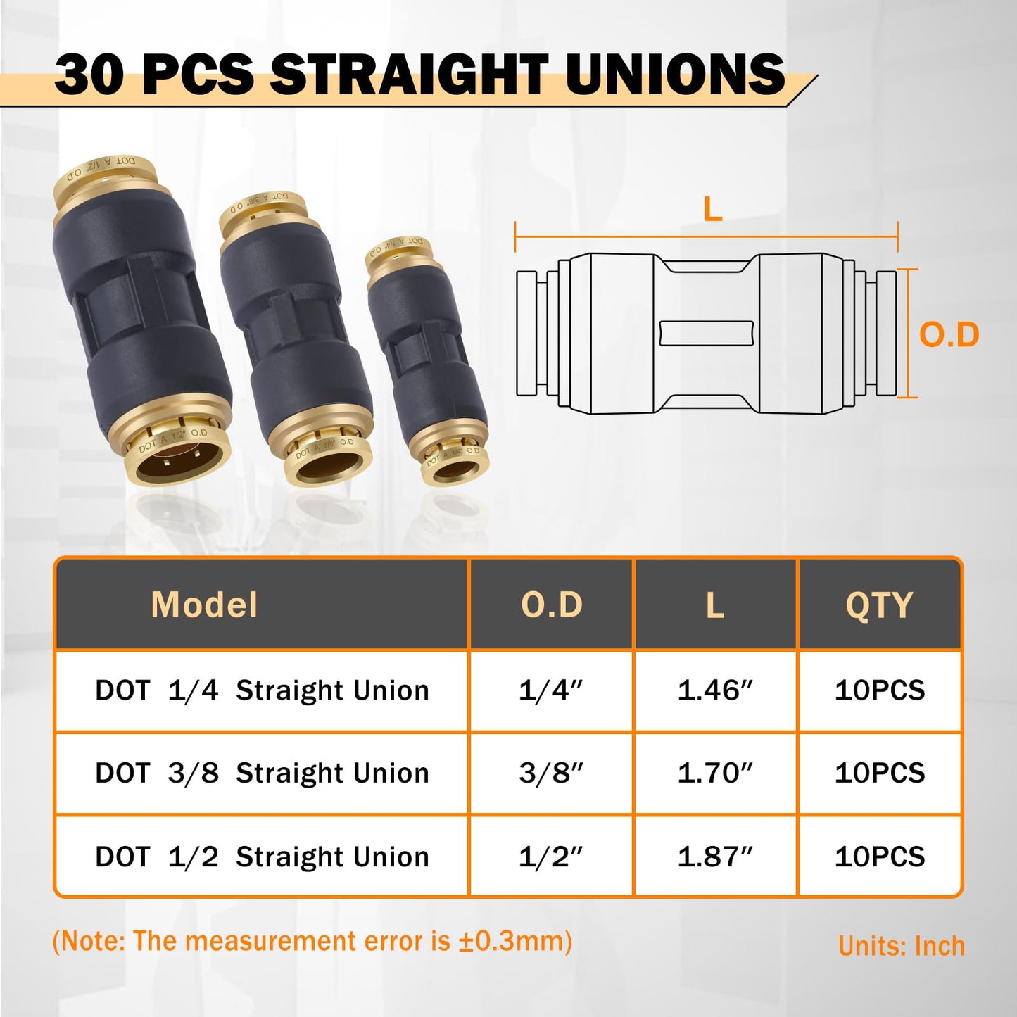 CheeMuii 30 PCS DOT Air Line Fittings 1/4" 3/8" 1/2" DOT Push Lock Air Fittings Brass and Plastic Straight Unions Quick Connect Air Hose Fittings Repair Kit
