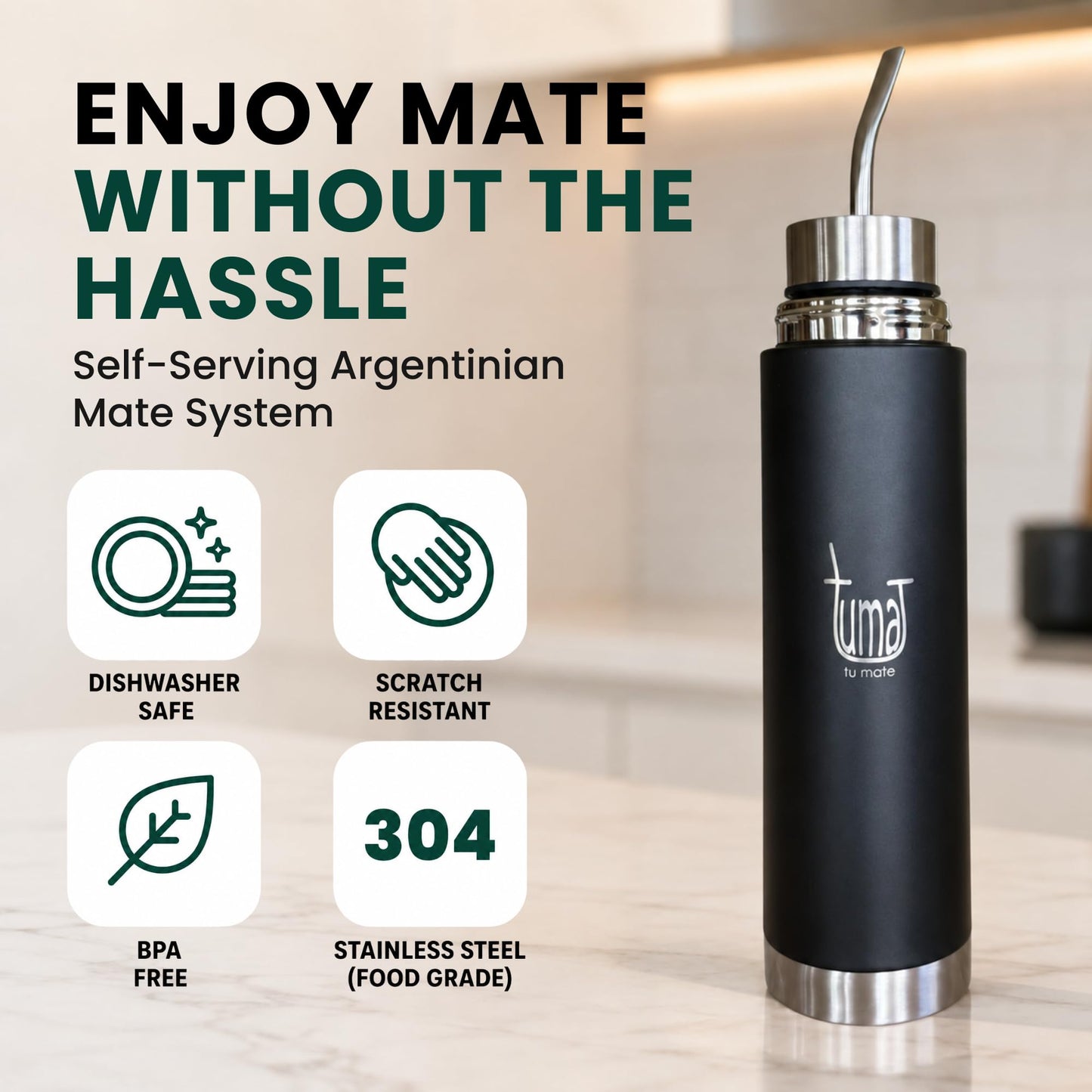 Tuma Tu Mate Automate - Self-Serving Yerba Mate Cup & Insulated Thermo Bottle with Spout, Mate Listo Fluvion Autocebante System, Stainless Steel Kit with Thermometer & Measuring Spoon, 750ml - 25.3oz