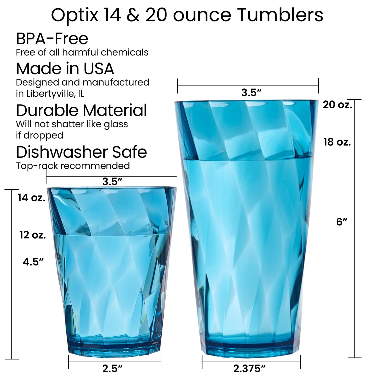US Acrylic Optix Plastic Reusable Drinking Glasses (Set of 16) 14oz Rocks & 20oz Water Cups in Jewel Tone Colors | BPA-Free Tumblers, Made in USA | Top-Rack Dishwasher Safe