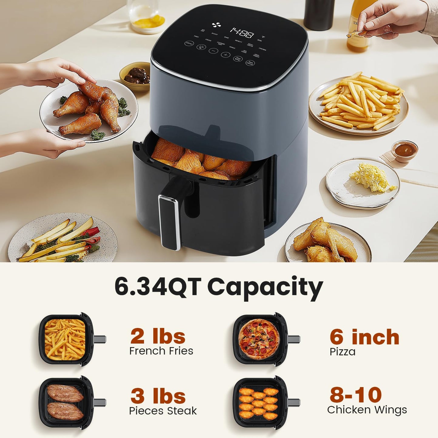 OLIXIS Air Fryer 6 Quart with Window Square Air Fryer 12-in-1 Air Fry, Roast, Reheat, Dehydrate, Bake, Steam, Fries, Custard, Chicken, Wings, Sea Food, Vegetabels,400F