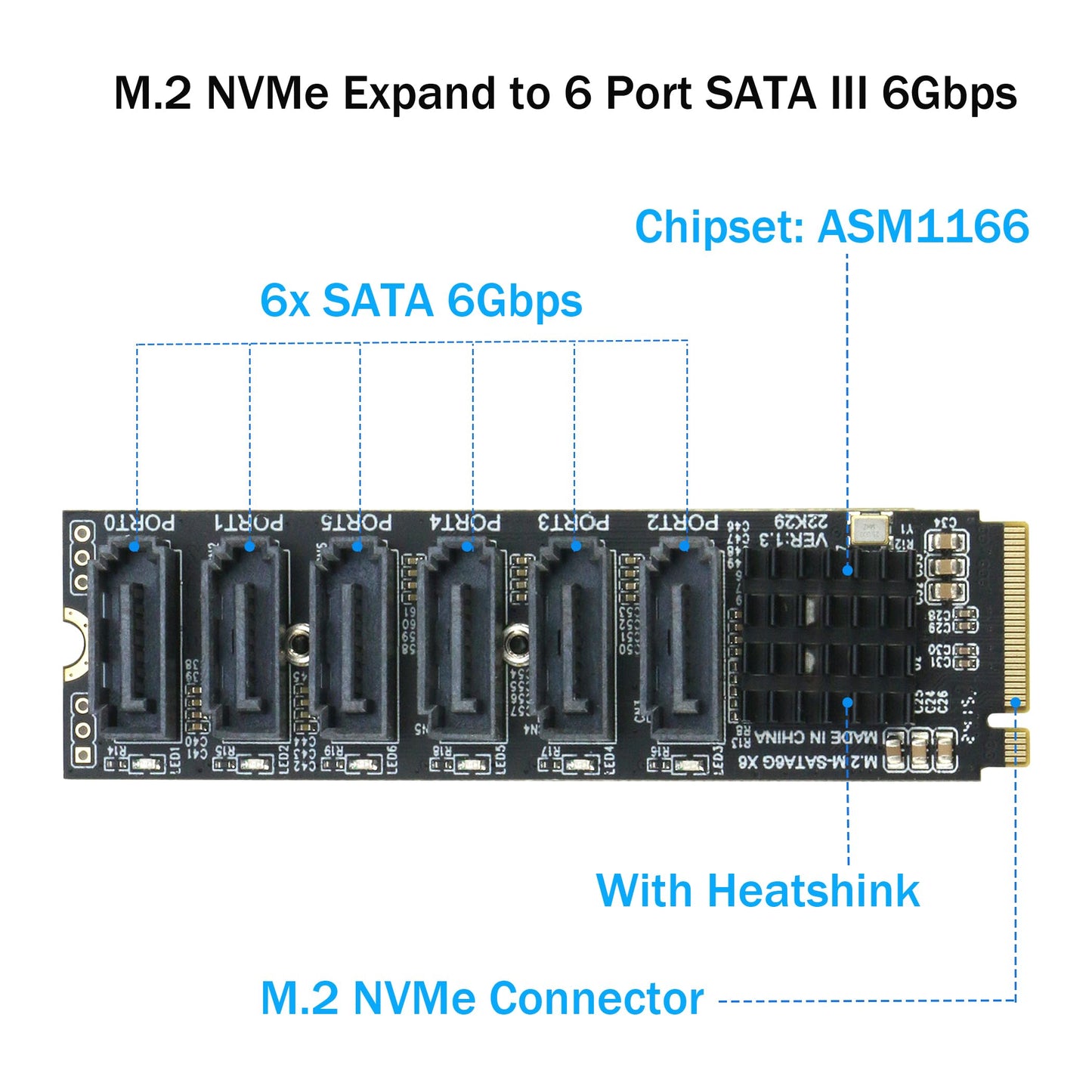 M.2 to SATA 3.0 Adapter [6-Port], RIITOP M.2 NVMe to 6 Ports SATA III Expansion Card Adapter 6Gbps with Chipset ASM1166