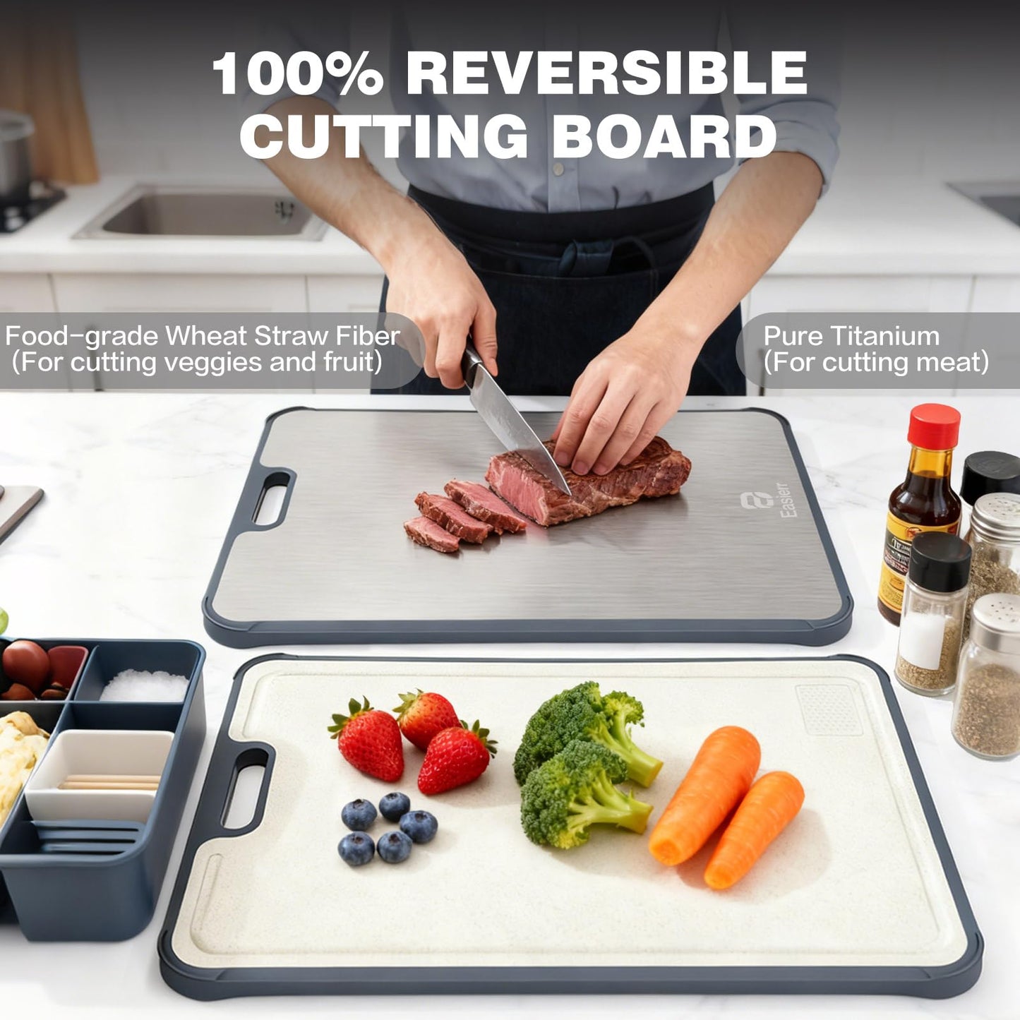 Easierr Extra Large Titanium Cutting Board for Kitchen with Juice Groove, Non Toxic 2-in-1 Cutting Boards for Chopping, Serving, Bread, Meat, Veggies, Pure Titanium and Wheat Straw PP, 17 x 12 inch