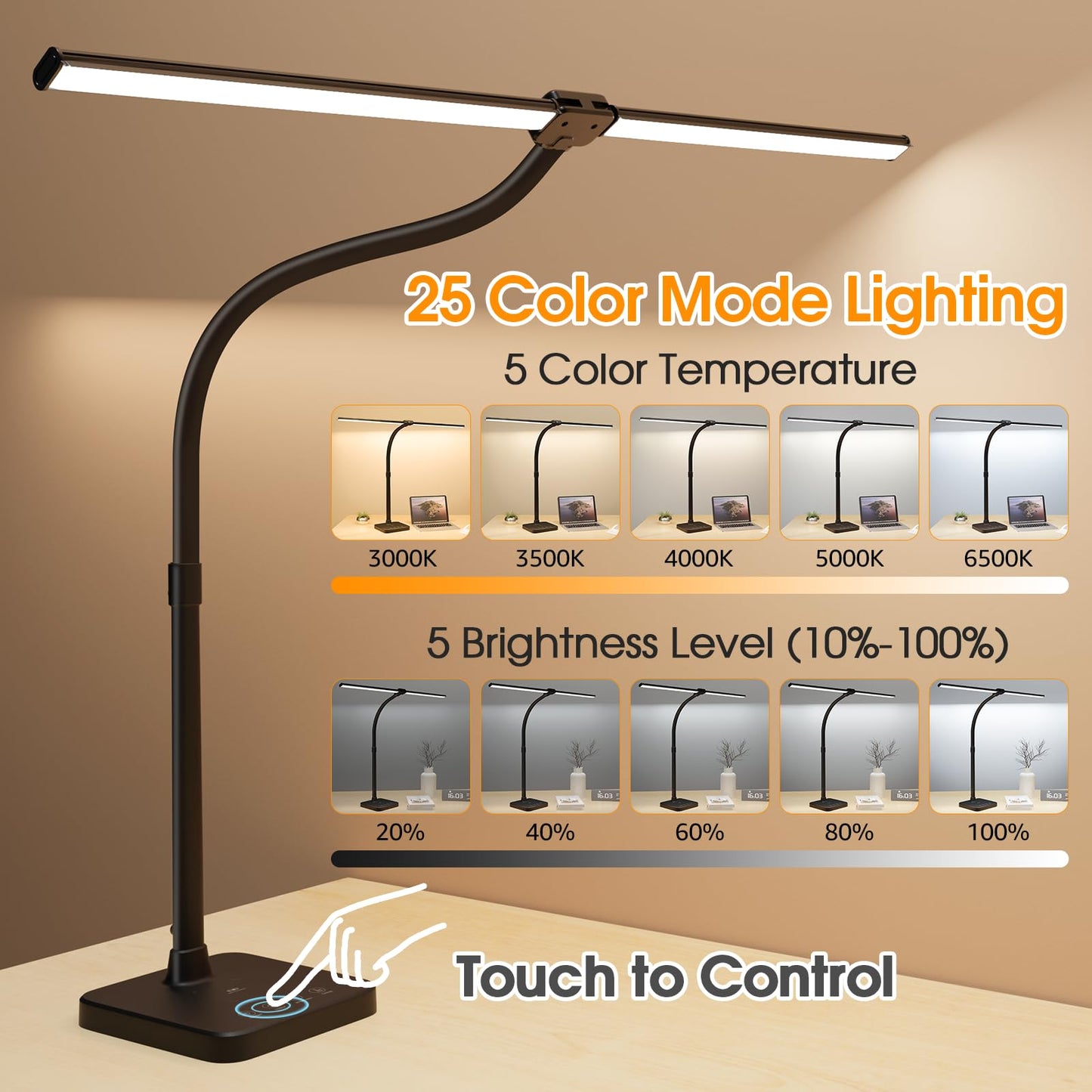 ShineTech LED Desk Lamp for Home Office, 24W Double Head Desk Light with Wireless Charging, USB Port, 25 Lighting Modes Adjustable Lamps