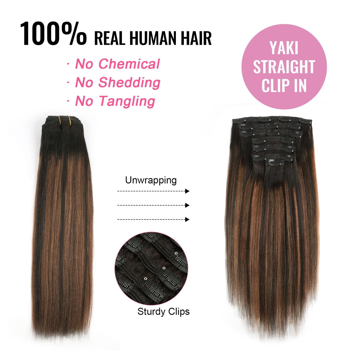 ABH AMAZINGBEAUTY HAIR Yaki Straight Human Hair Clip ins Rooted Black Piano Natural Black #1B Fading into Light Auburn #30 Two Tone Light Yaki Clip ins for Black Women Human Hair 12 Inch 120G 7Pcs