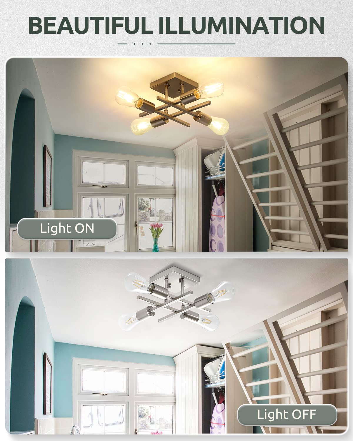 Eietonte Industrial 4-Light Semi Flush Mount Ceiling Light Fixture, Modern Brushed Nickel Chandelier Lighting, Farmhouse E26 Base Sputnik Ceiling Lamp for Kitchen Bedroom Living Room Entryway, 2 Pack