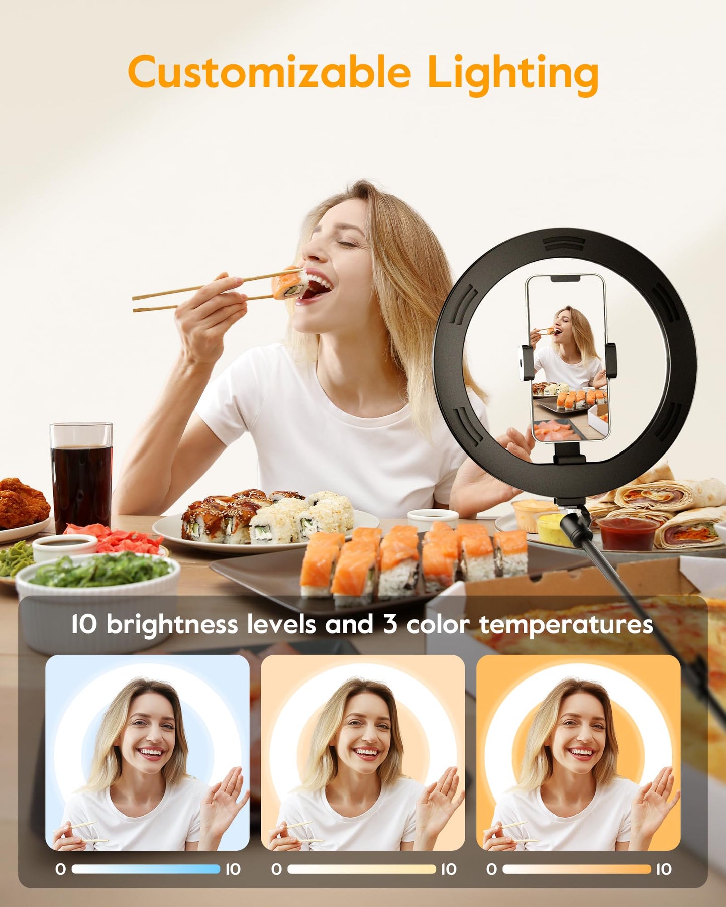 Ring Light with Stand for Desk,Adjustable Overhead Phone Mount with 10" Ring Light Tripod for iPhone,Phone Tripod with Light and Remote Phones Holder for Video Recording,Live Stream,Cooking Video