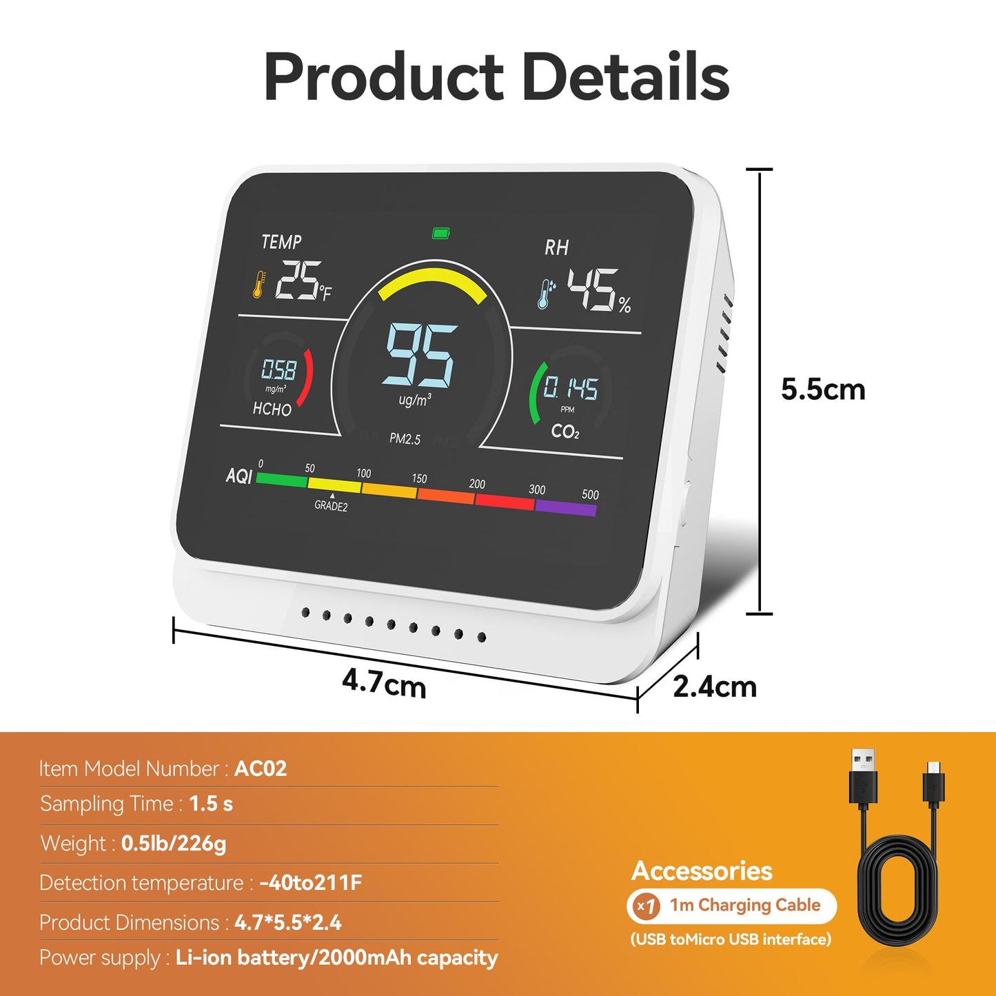 13 in 1 Portable Air Quality Monitor Indoor for Home, Car and Office Air Quality Tester for 6AQI,HCHO, PM2.5, PM1.0, PM10, CO2 Detector Air Quality Meter with Temperature, Humidity (Pearl White)
