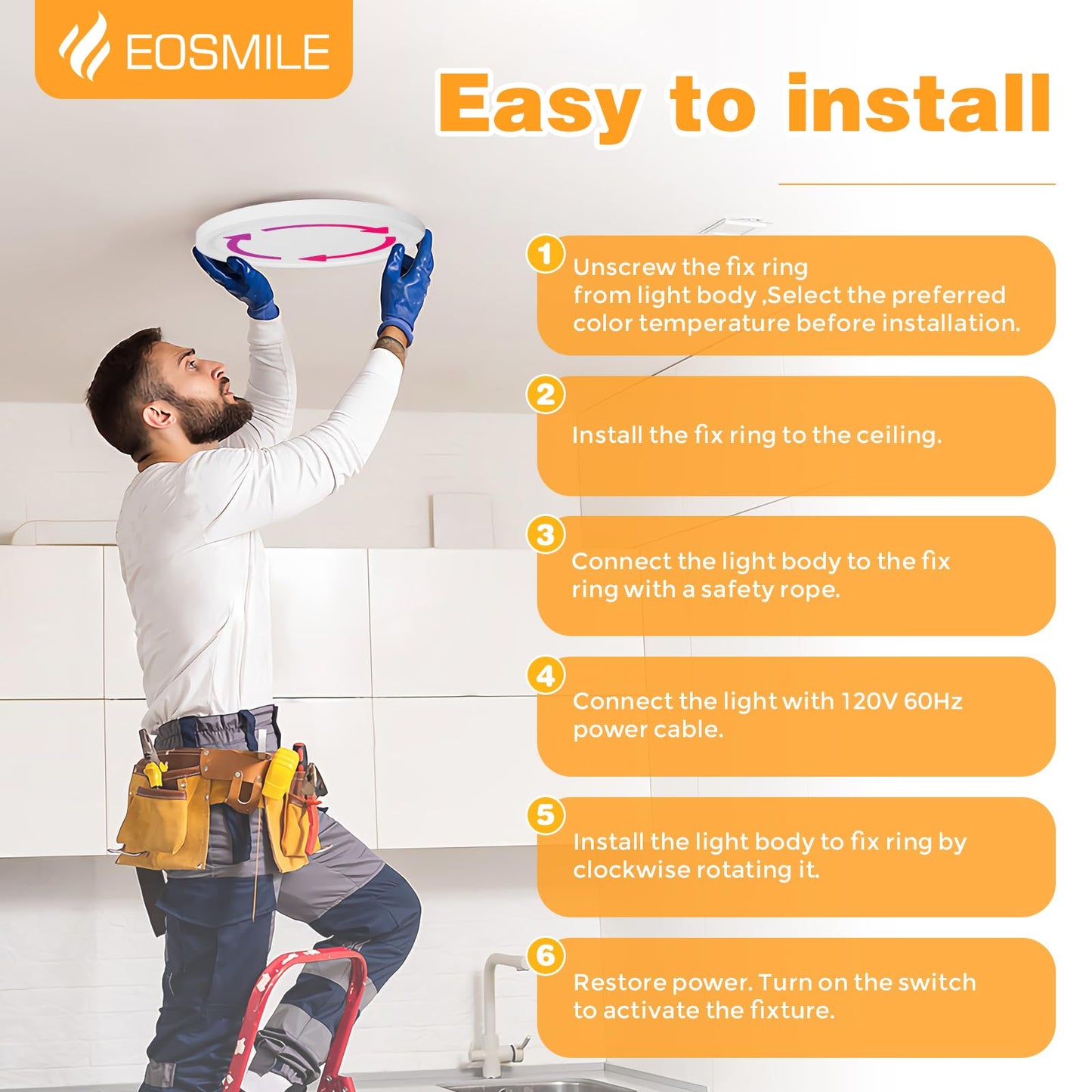 EOSMILE 2Pack 15.8 Inch LED Flush Mount Ceiling Light, 35W, 3850LM, 2700K-5000K 5CCT Selectable & Dimmable, White Round Flat Panel Light for Hallway, Kitchen, Bedroom, Laundry Room