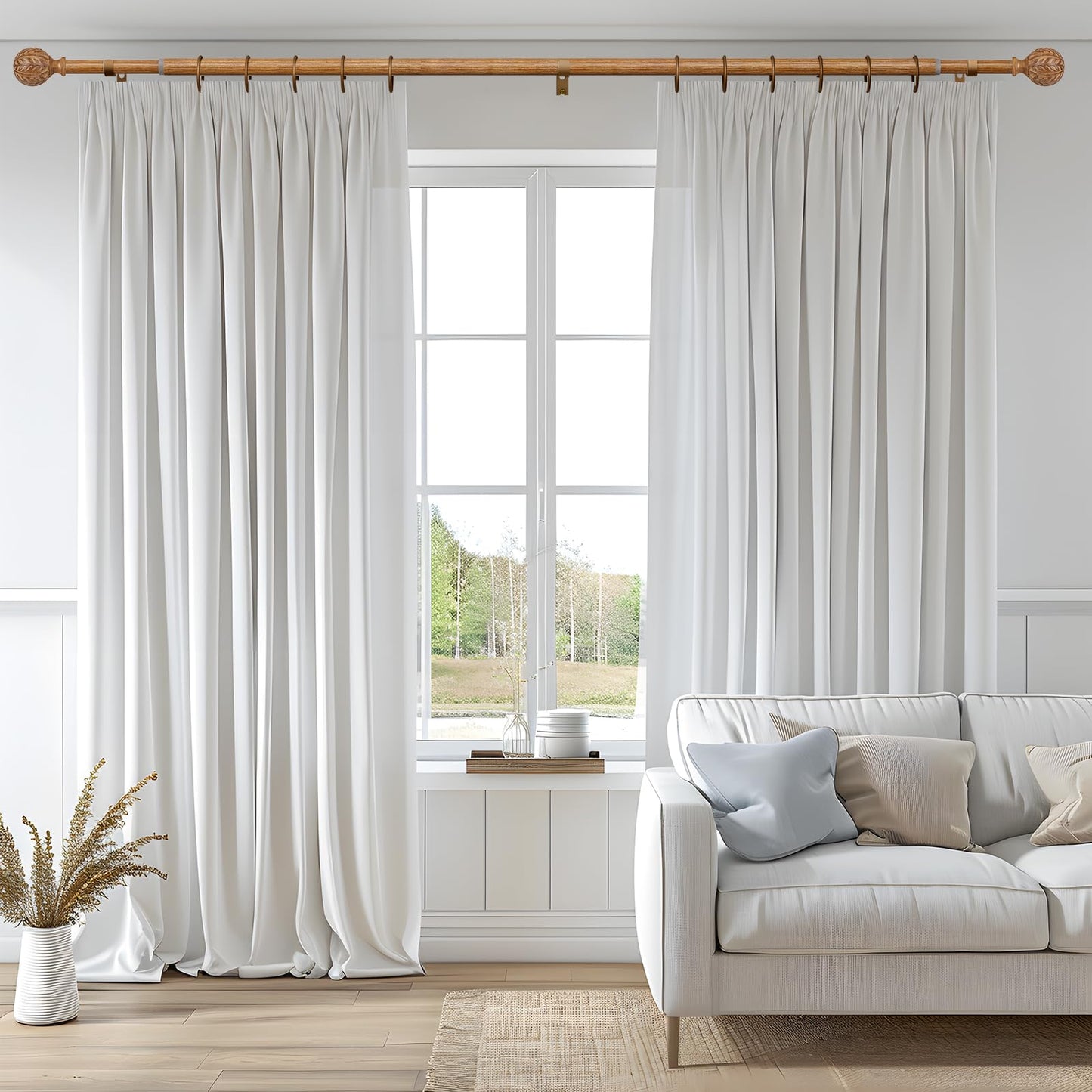 QDWIS Wood Curtain Rods for Windows 66 to 120 Inch, 1'' Adjustable Decorative Drapery Rods with Imitation Wood Grain Leaf Pattern Finials, Boho Heavy Duty Long Window Curtain Rods Set 36''-120''
