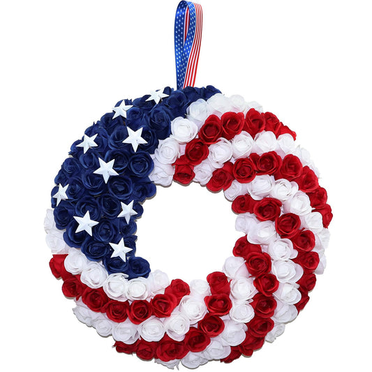 BINFEN Silk Roses 4th of July Wreath - Red White Blue Patriotic Wreaths for Front Door, Memorial & Independence Day Decorations, Americana Decor for Porch Door Wall Window Indoor Outdoor (18“)
