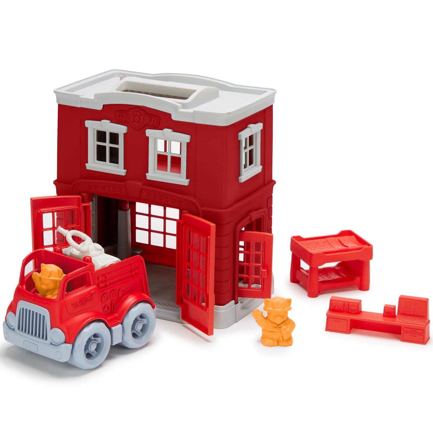 Green Toys Fire Station Playset - 8 Piece Pretend Play, Motor Skills, Language & Communication Kids Role Play Toy. No BPA, phthalates, PVC. Dishwasher Safe, Recycled Plastic, Made in USA.