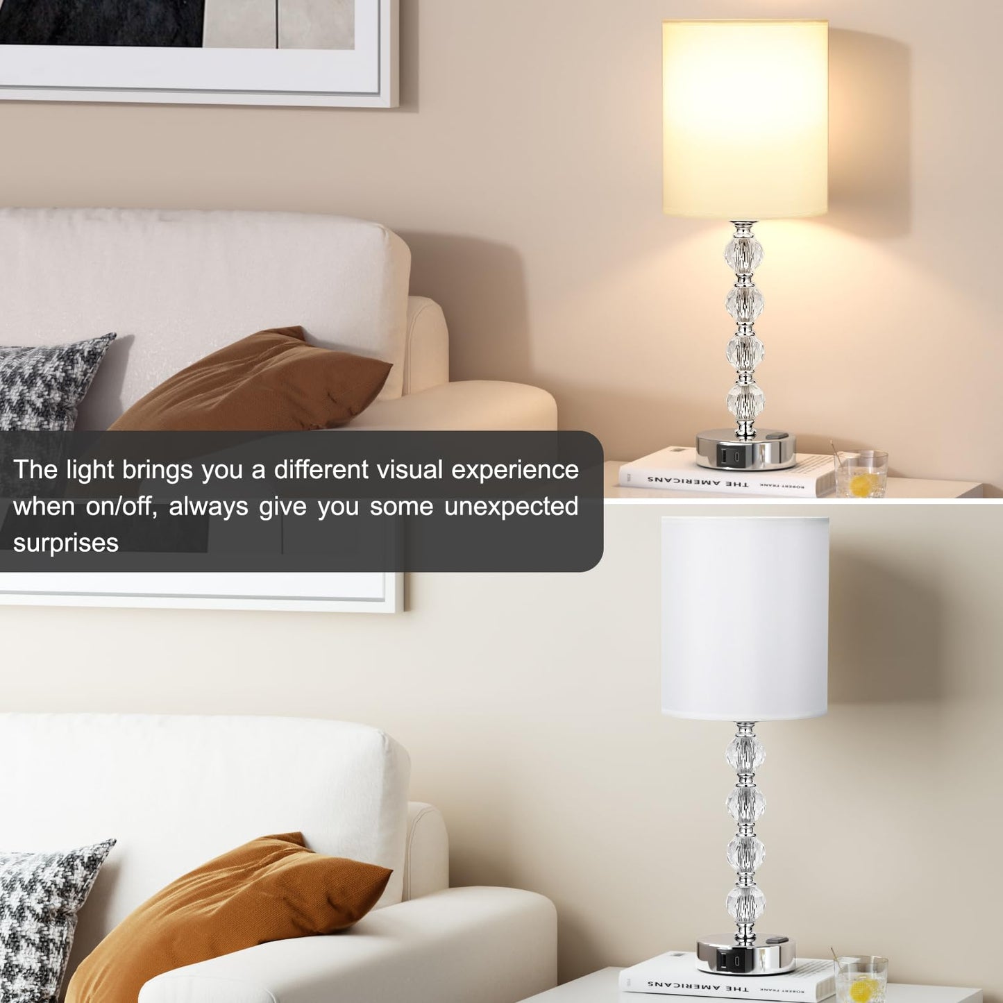 Acaxin Touch Bedside Crystal Lamps for Bedrooms Nightstand with USB C+A Charging Port and AC Outlet White, 3 Way Dimmable Silver Large End Side Table Lamp for Living/Guest/Dinning Room/Kitchen