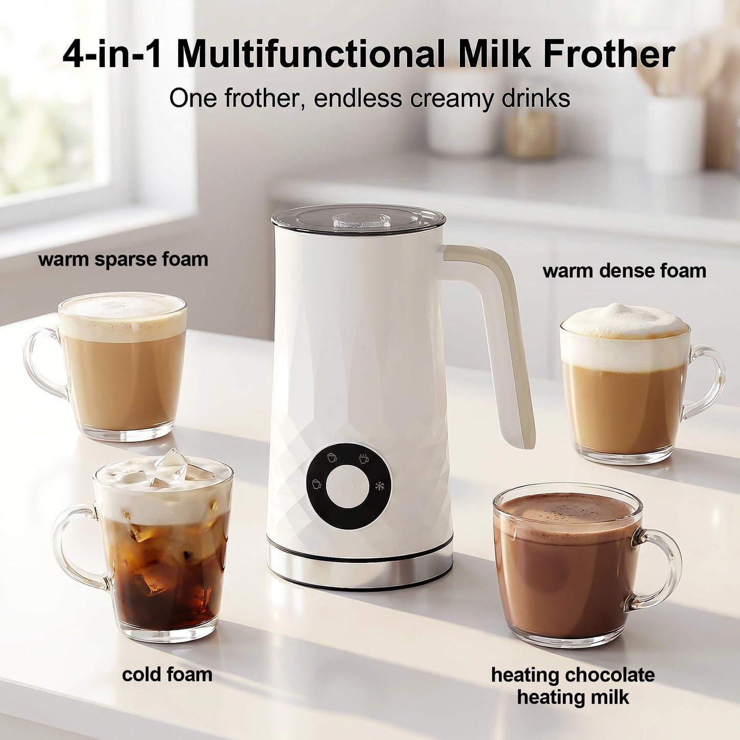 COFUN Milk Frother, 4-in-1 Electric Milk Frother and Steamer, 11.8oz Automatic Hot & Cold Foam Maker, Dishwasher Safe, Quiet Operation for Coffee, Latte, Cappuccino, Hot Chocolate (White)