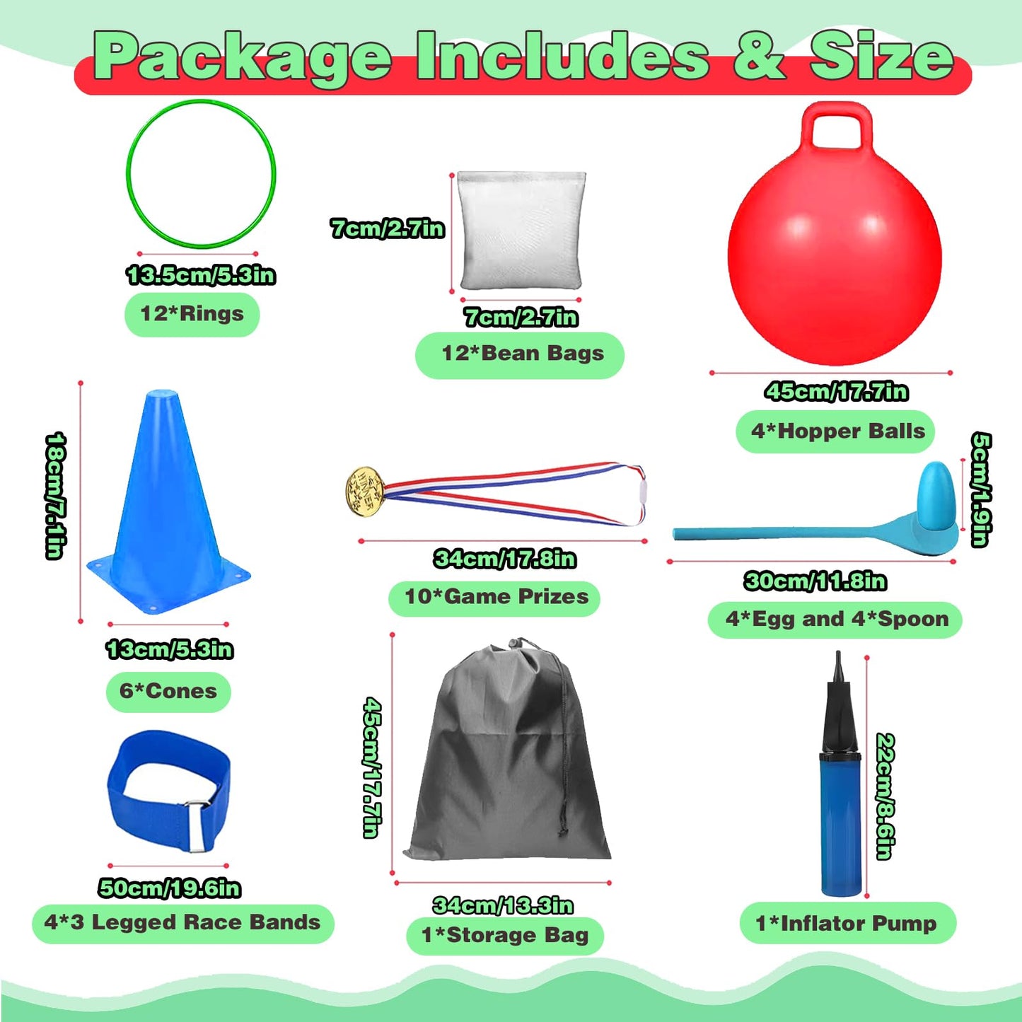 58PCS Carnival Outdoor Games Combo Set,17.7IN Hopper Balls with Handle,Egg Spoon Relay Race,Soft Plastic Cones Bean Bags Ring Toss Game,3 Legged Race for Family Reunion Outside Field Day Easter Games
