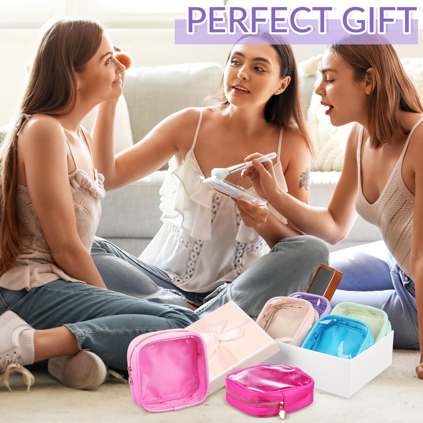 Kacctyen 12 Pcs Mini Makeup Bag Nylon Small Pouch for Purse Mini Square Nylon Pouch with Zipper Small Cosmetic Travel Makeup Bag Purse Organizer for Women(Elegant Color,Translucent)