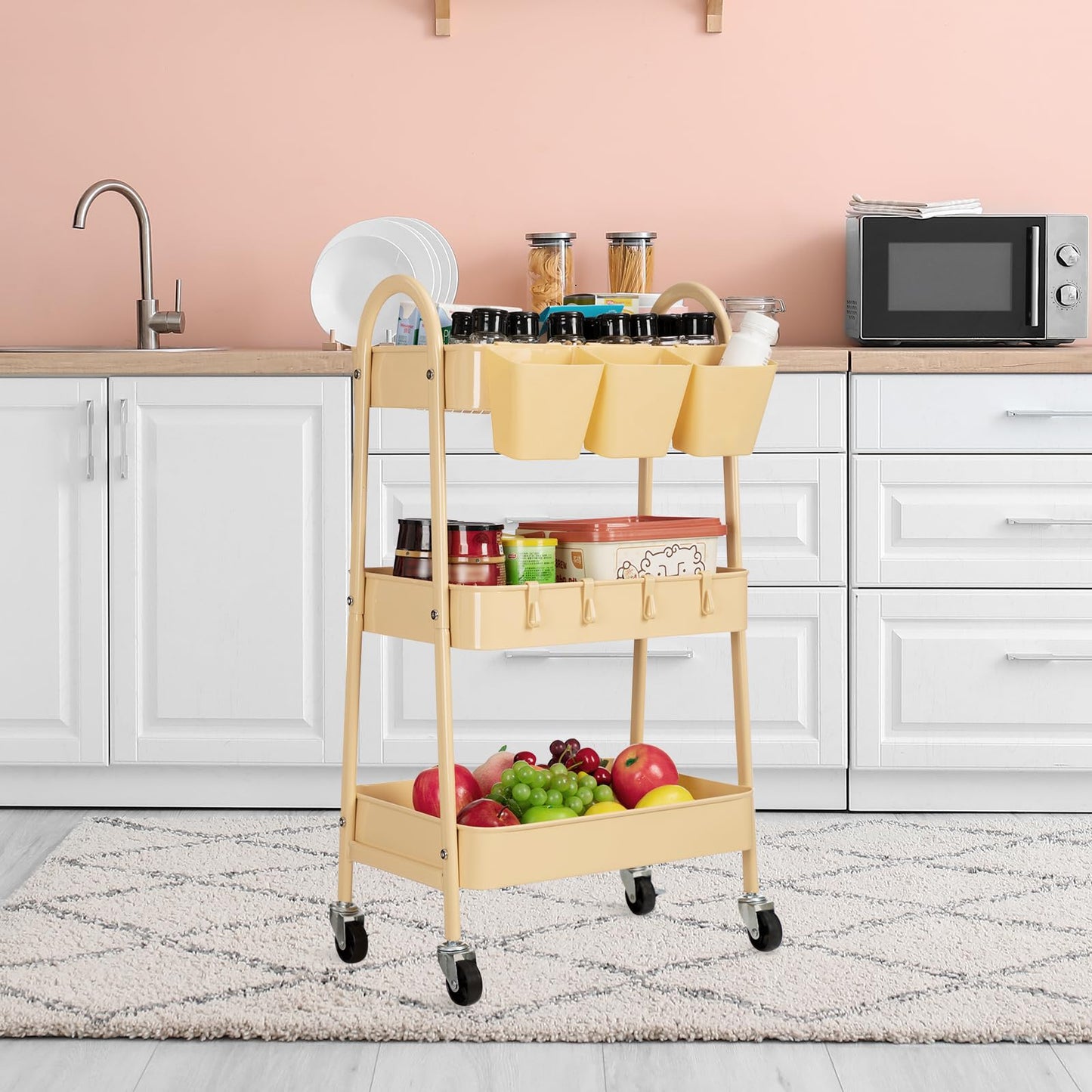 danpinera 3-Tier Rolling Cart, Utility Cart Mobile Metal Rolling Storage Cart with Lockable Wheels & Hanging Cups & Hooks for Kitchen, Bathroom, Office, Workshop, Yellow