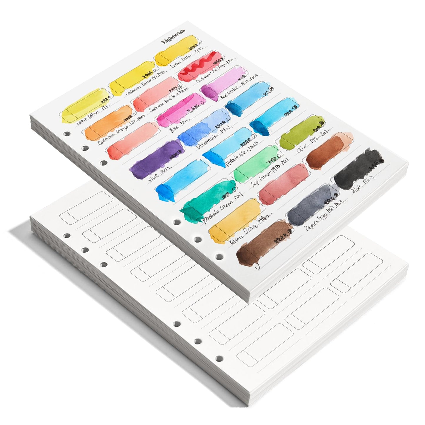 LIGHTWISH Watercolor Swatch Paper Bulk - 100% Cotton Hot Press 300gsm/140lb, 2 Pack, Total 40 Sheets 24 Spaces A5 Hole-Punched Replaceable Paper for Watercolor, Gouache, Oil Pastels,5.8 * 8.2 Inches