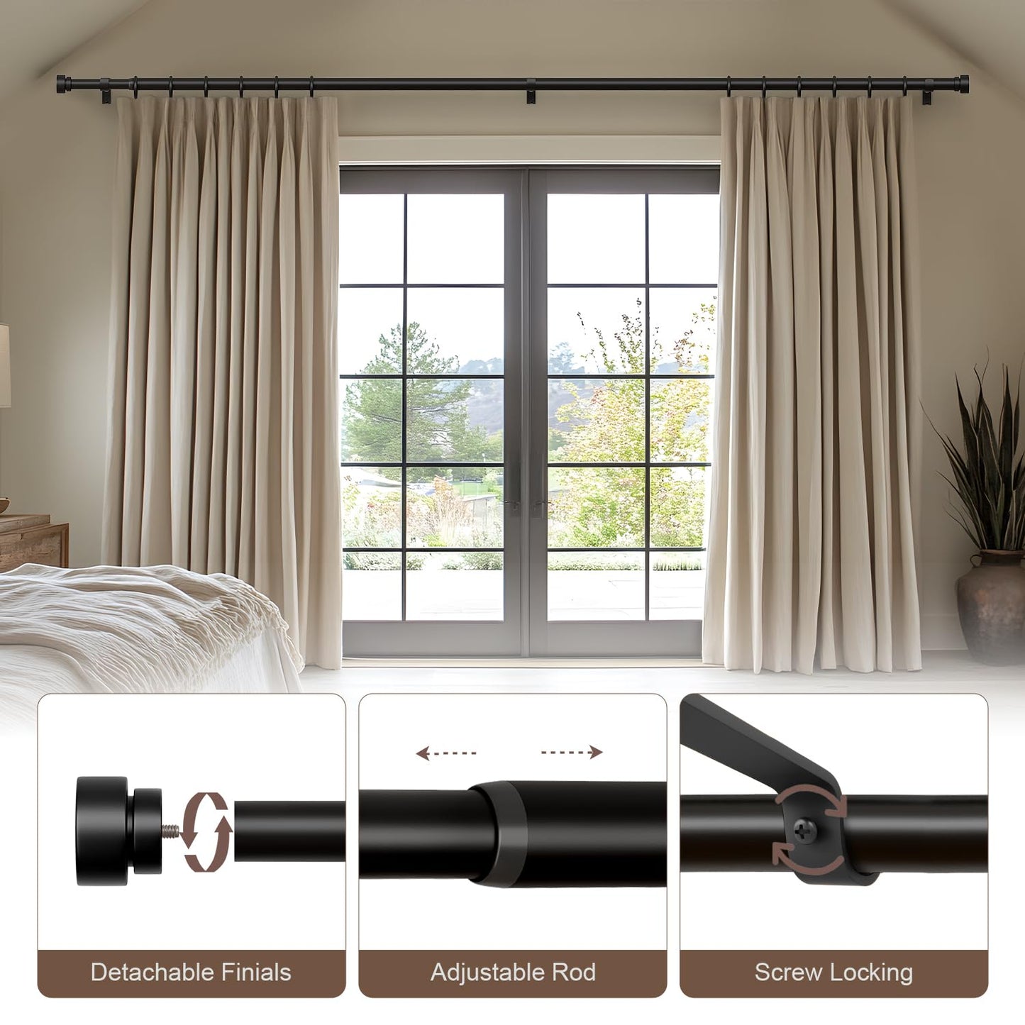Lootkell 2 Pack Modern Black Curtain Rods Set for Windows 66 to 120 Inches Adjustable Length Heavy Duty 1" Diameter Window Curtain Rod with Decorative Finials for Outdoor Bedroom Kitchen Living Room