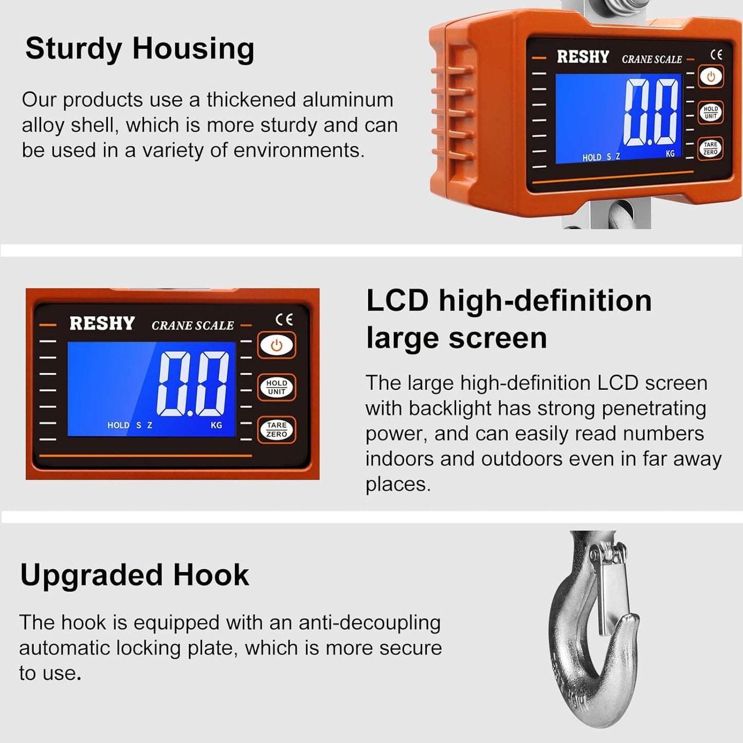 RESHY Digital Crane Scale 2200lb/1000Kg Digital Hanging Scale Industrial Heavy Duty Crane Scale for Farm,Deer,Livestock,Factory,Construction,Hunting CE Certified