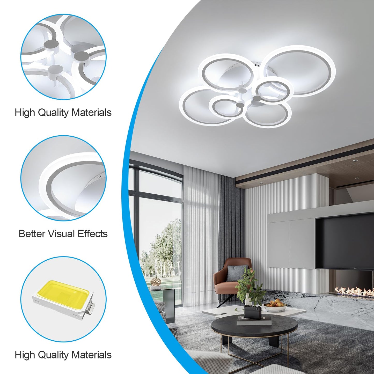 DELIPOP Modern Ceiling Light, White 6 Rings Flush Mount Ceiling Light, 31 Inch 6500K Cool White Led Chandelier Lighting for Bedroom, Living Room, Kitchen, Dining Room