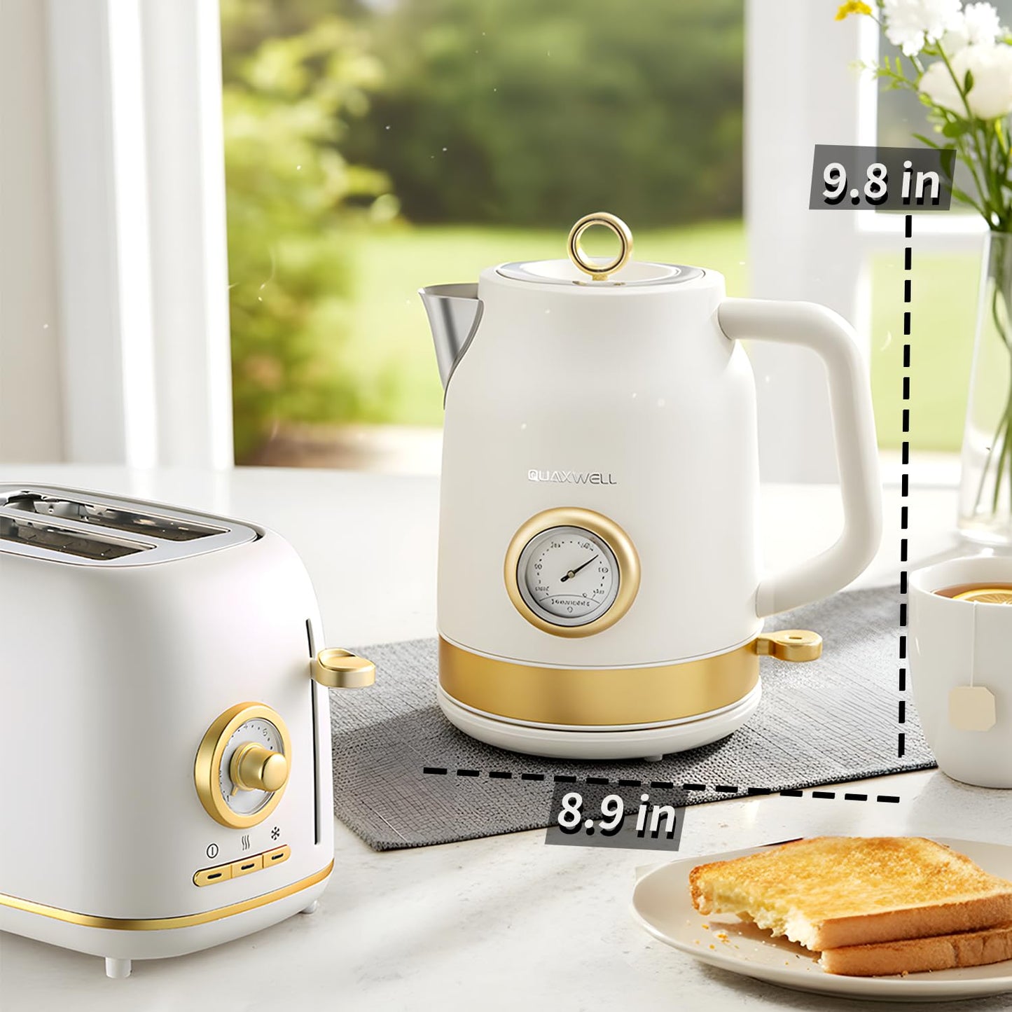 QUAXWELL Retro Electric Kettle, 1.7L 304 Stainless Steel Tea Kettle with Temperature Gauge, 1500W Fast Boiling Water Boiler,Auto Shut-Off & Boil-Dry Protection, BPA-Free, Matte White and Gold