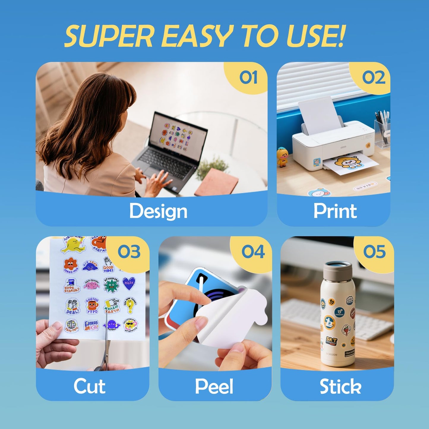 Uinkit 200 Sheets Premium Glossy Printable Vinyl Sticker Paper for Inkjet & Laser Printers - Waterproof, Quickly-Dries for World Cup Sticker & Pet Photos & Kids Crafts, Tear-Resistant Decals