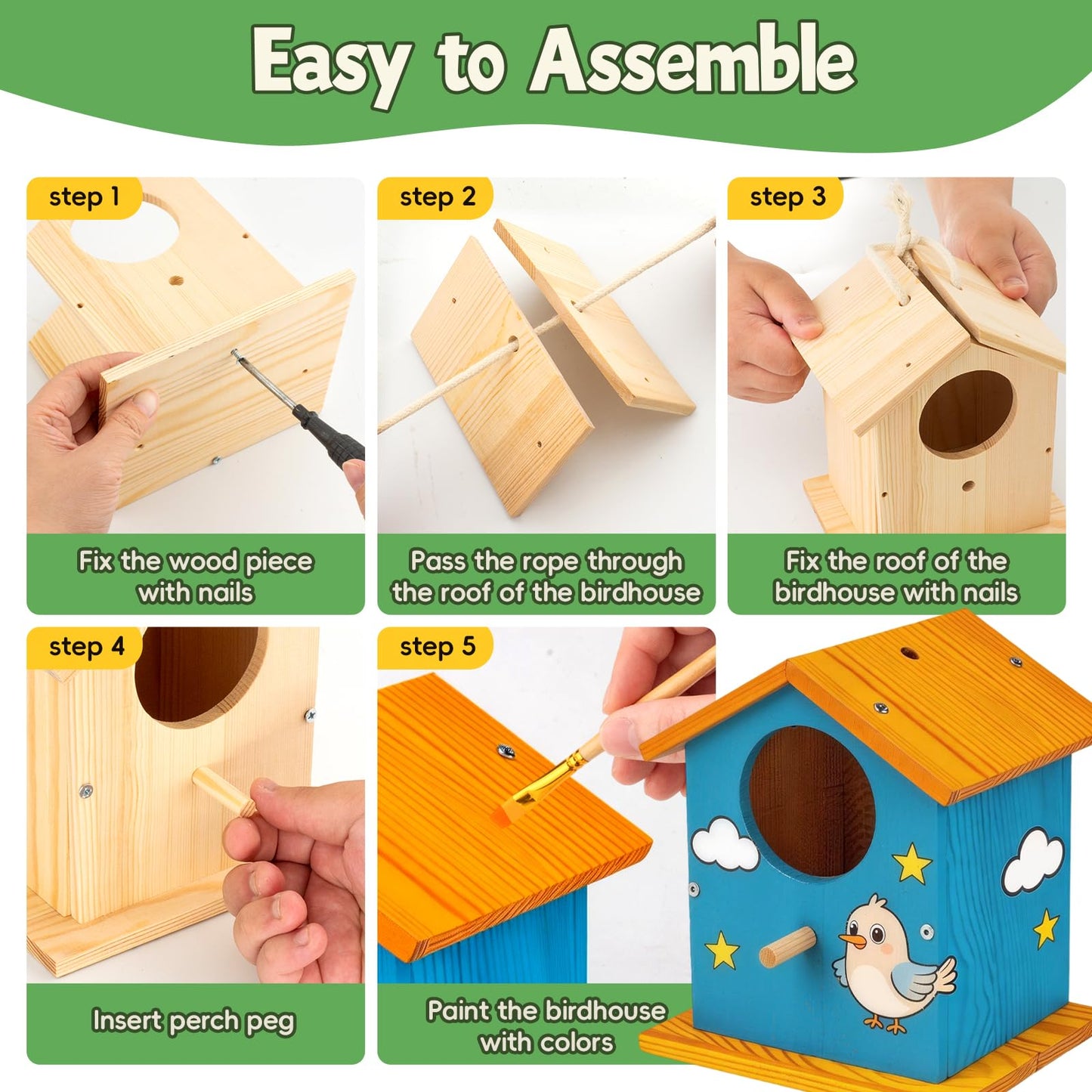 DoodleDoo 4 Pack Wooden DIY Birdhouse Kit, Art and Craft, Bird Houses Indoor Outdoor Painting Kit with Paint & Brushes for Kids Ages 6-12 Birthday Gift for Adults Boys Girls