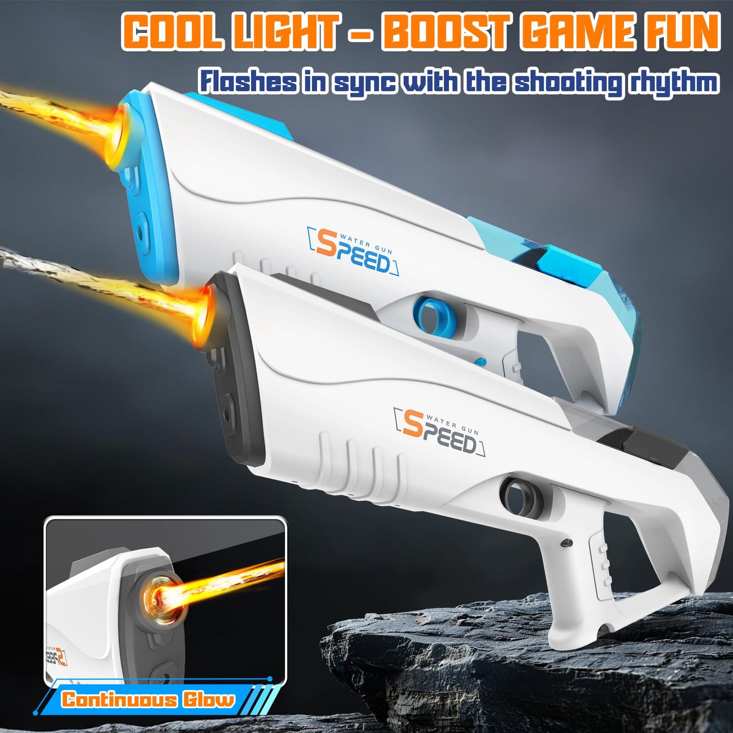 2 Pack Powerful Electric Water Guns with Light Up, Muzzle Flash Automatic Squirt Water Gun for Adult&Kid Large Capacity Water Blaster Up to 33 FT Long Range Summer Outdoor Pool Gifts for Boys Girls