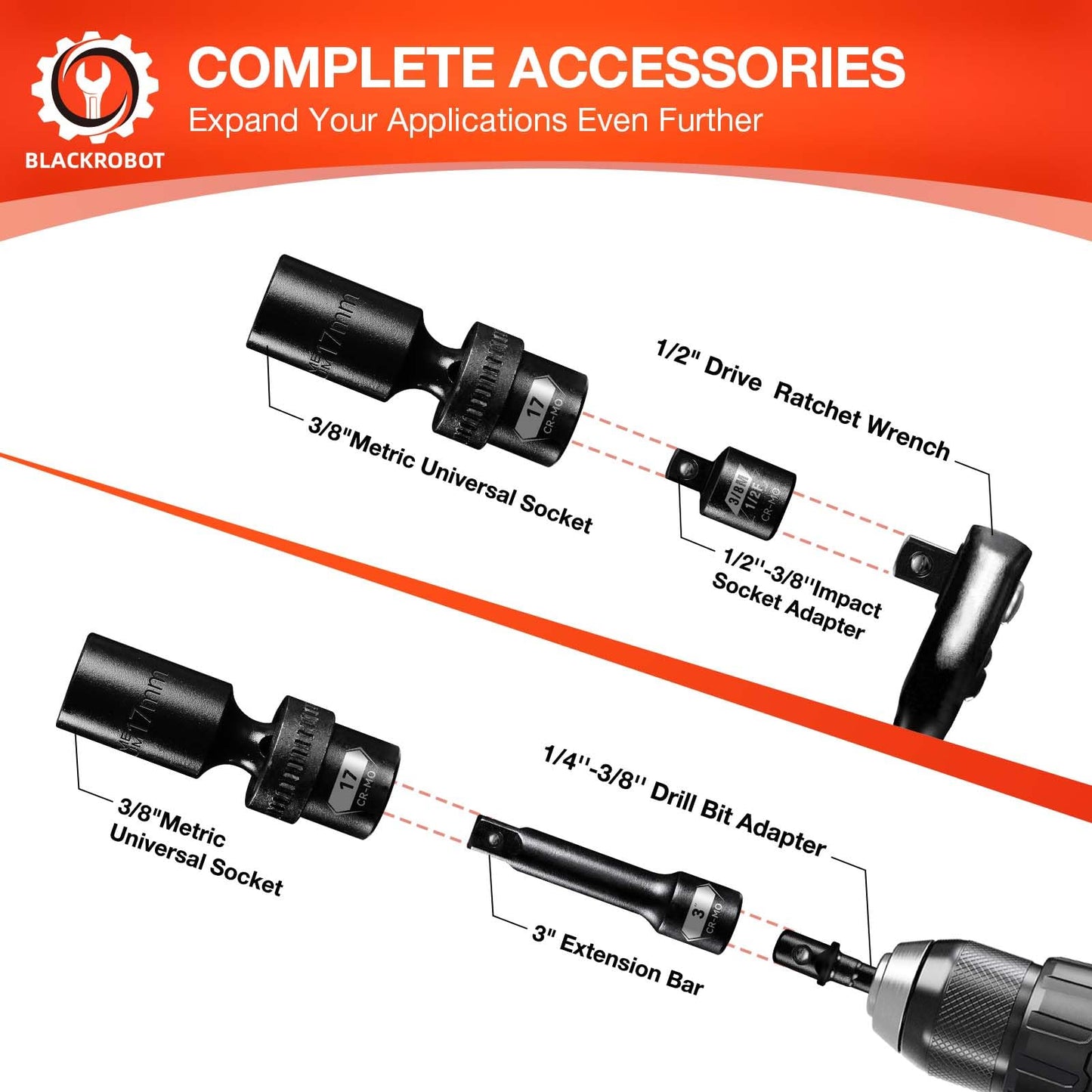 BLACKROBOT 3/8" Drive Swivel Socket Set, 14 Pieces Deep Universal Impact Socket Set, Metric(10-19mm) Flexible Wobble Socket Set, 6 Point, CR-MO, 3", 6" Extension Bars, Socket Adapter