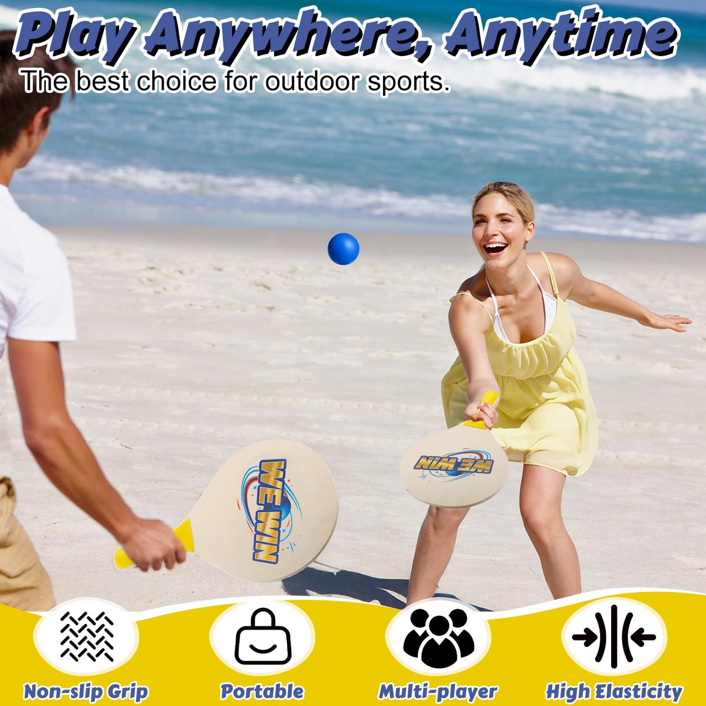 Junkin 4 Pairs Beach Paddle Ball Racket Set with 8 Rackets 4 Paddle Ball and 4 Drawstring Bag Paddleball Rackets for Indoor Outdoor Beach Game Yard Lawn Party Supplies