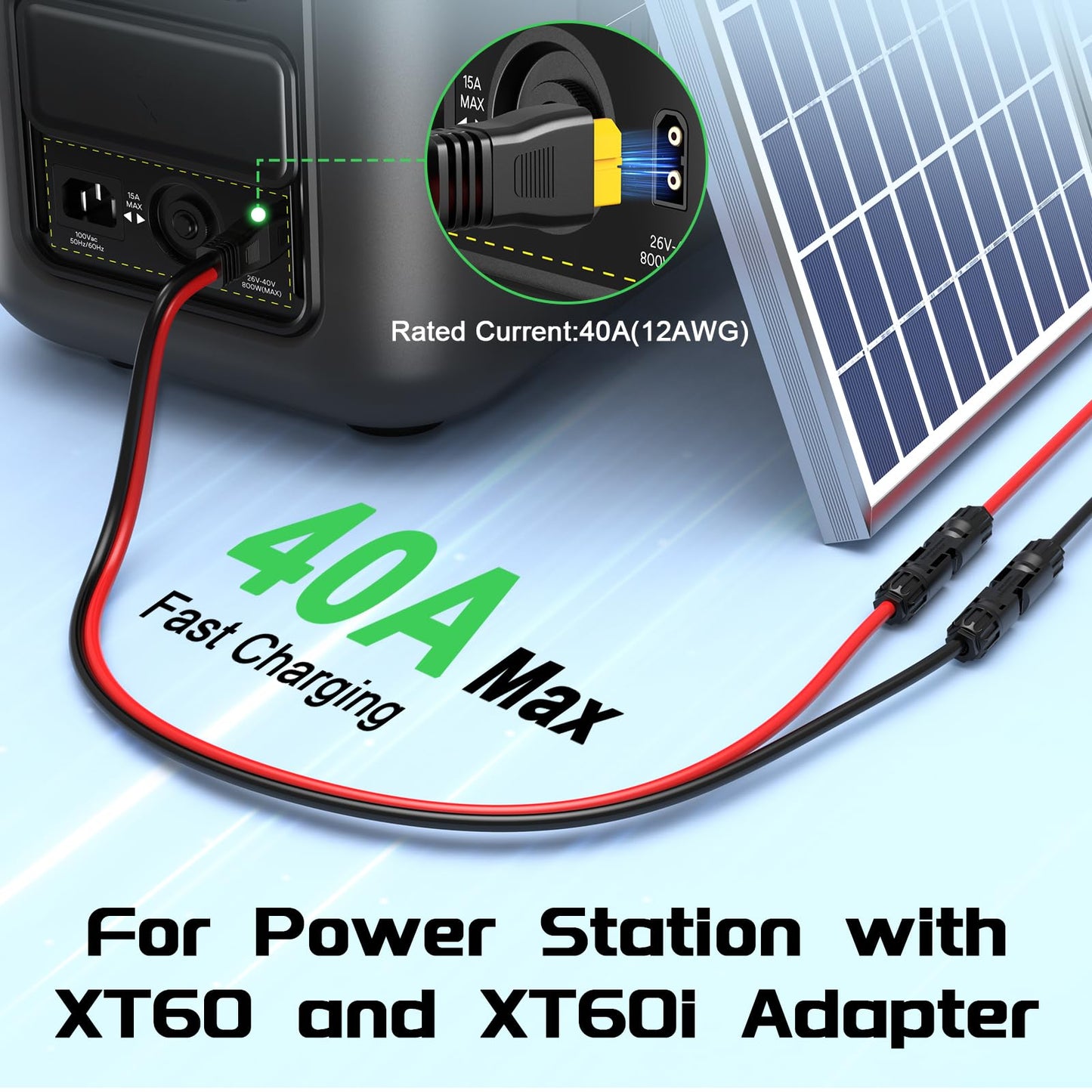 Bateria Power Solar to XT60 Charge Extension Cable with Solar Connectors Caps, Combined Wire Solar Connector to XT60 Adapter Cable for Solar Panel to Battery RV Power Station Generator 10AWG 50FT