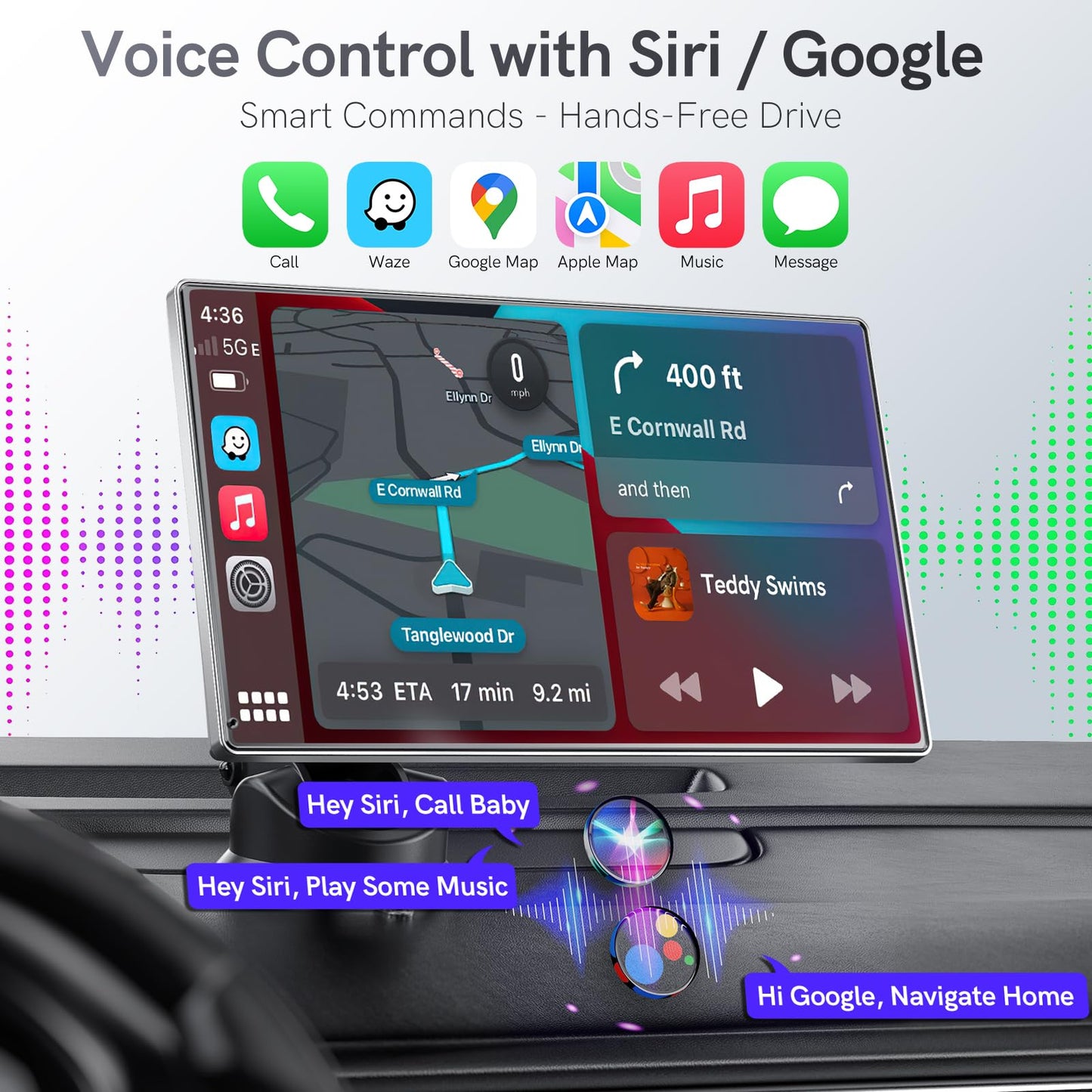 9" Portable CarPlay Screen for Car, CooCom UHD Car Stereo with Touch Screen with Apple CarPlay&Android Auto,4K Dash Cam,1080P Backup Camera,Mirror Link, Voice Control, Bluetooth 5.3,GPS,FM
