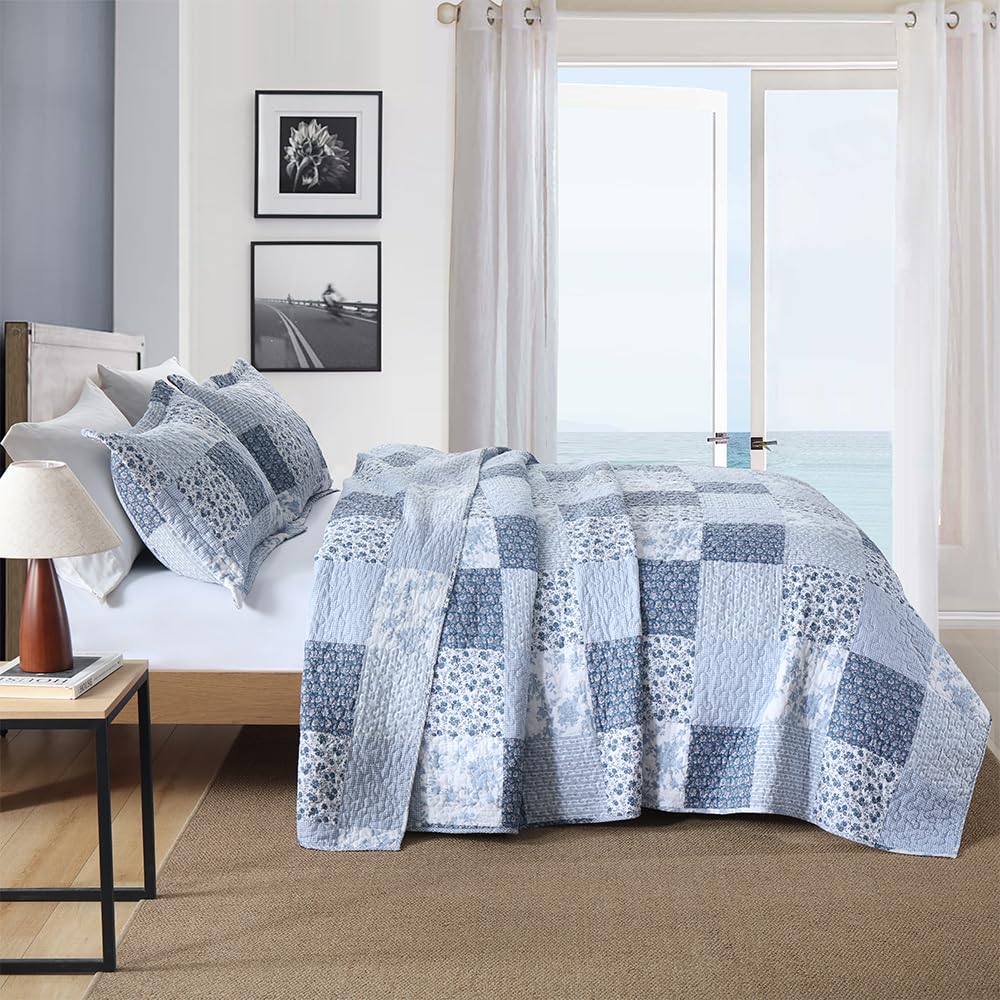 ENASAL Cotton Bedspread Quilt Bedding Sets Reversible Coverlet Sets Comforters Rustic Floral White Blue Patchwork Pattern Bedspread for All Season, King Size