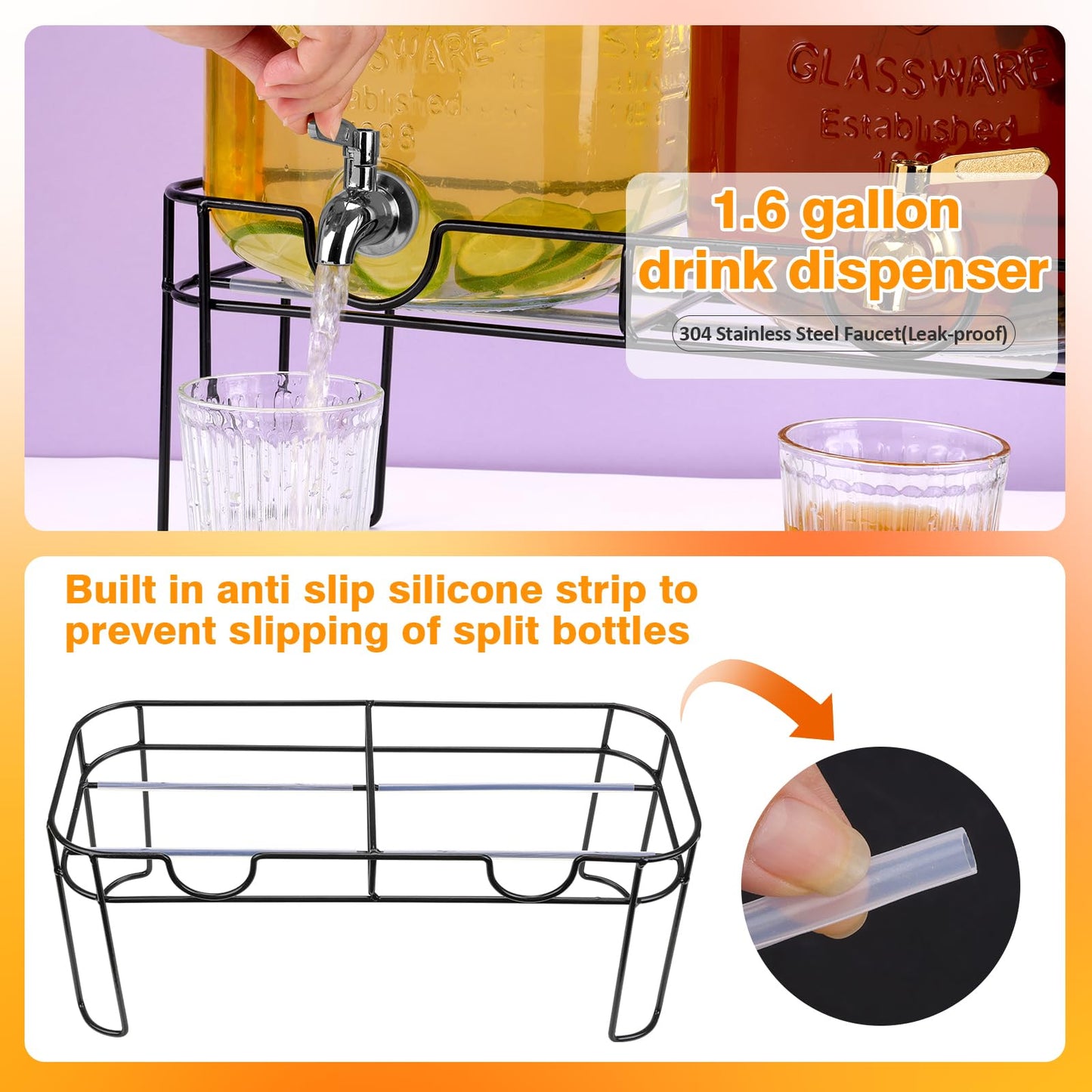1.6 Gallon Glass Drink dispenser, 2 PCS Beverage Dispenser With Stand, Lemonade Dispenser with Stainless Steel Spigot,Drink Dispensers for Parties,Weddings, Picnic